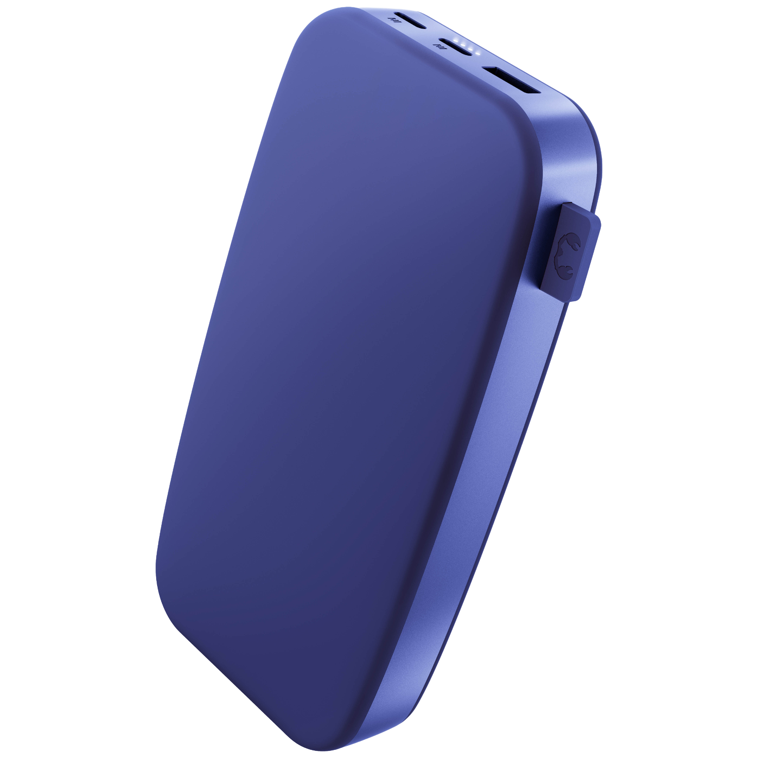 Une batterie externe bleue aux bords arrondis, avec des ports et un bouton latéral. Isolé sur fond blanc.