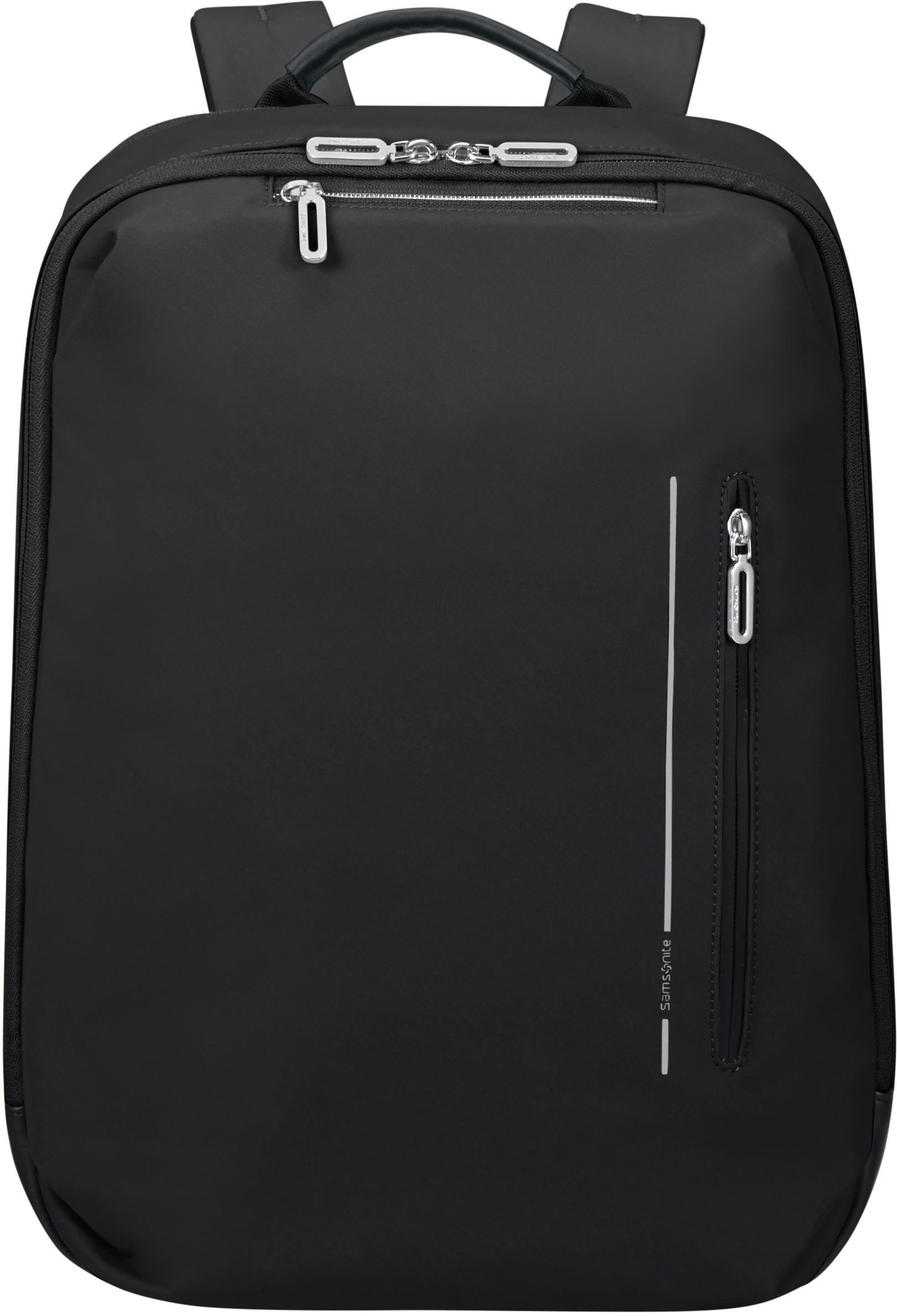 Ein schwarzer Samsonite Rucksack mit einem schlanken Design. Er hat einen Reißverschluss und einen Griff oben.