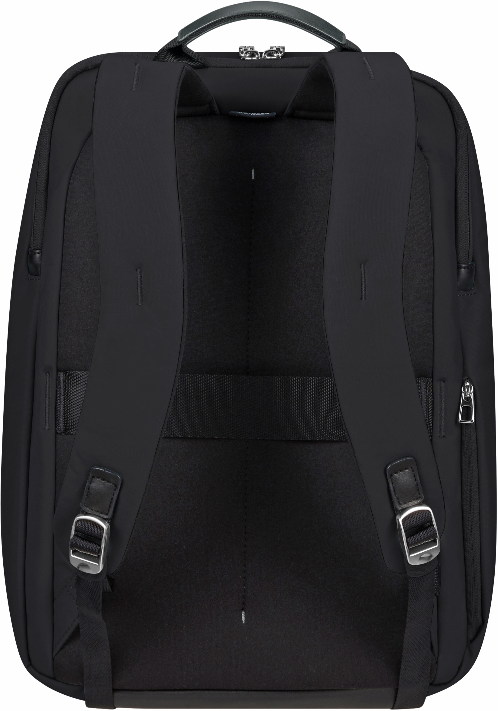 Schwarzer Rucksack, Rückansicht. Mit Schultergurten, einem Griff und Metallschnallen und Reißverschlüssen.