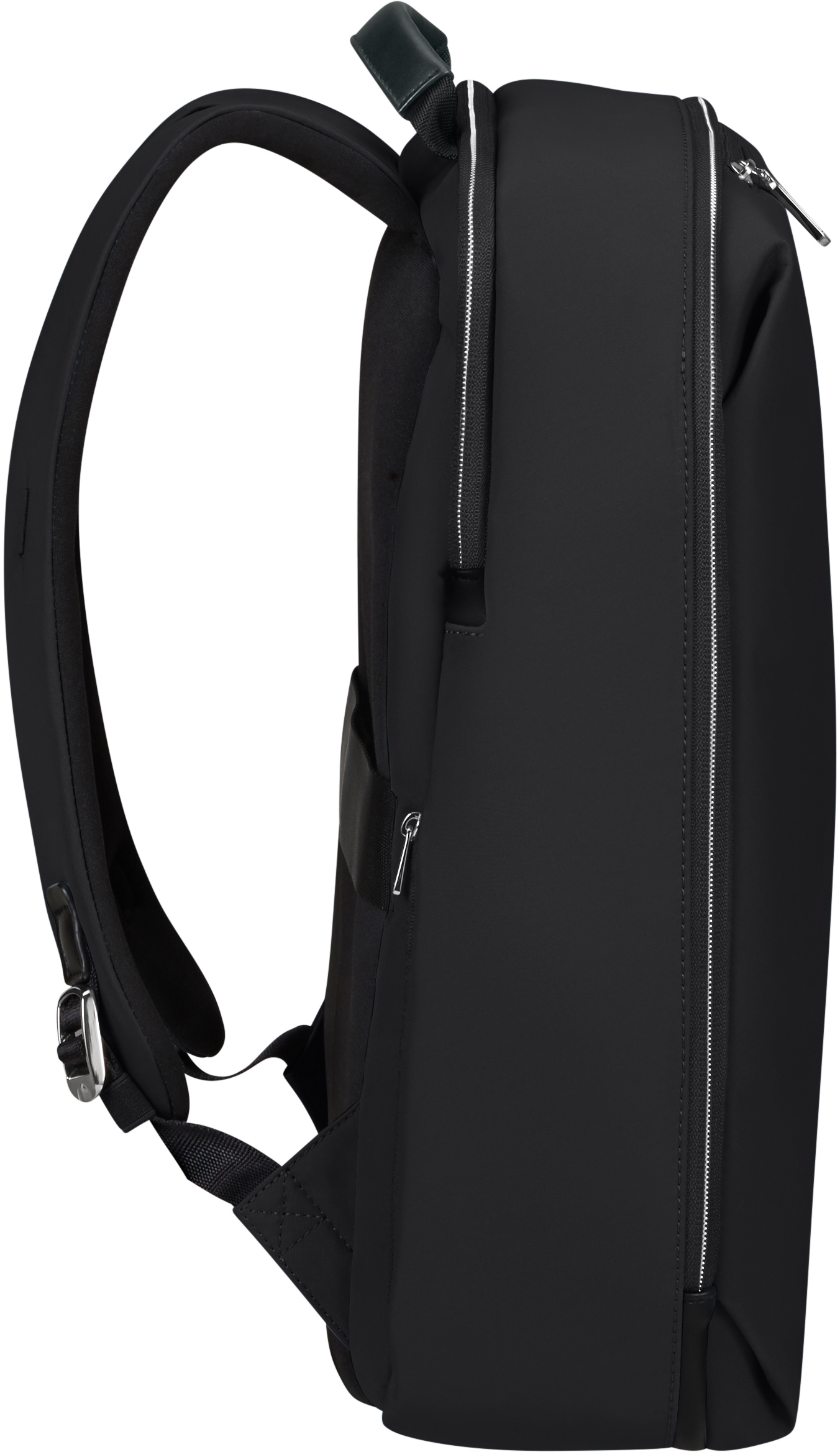 Seitenansicht eines schwarzen Rucksacks. Es hat ein schlankes Design mit Reißverschluss.
