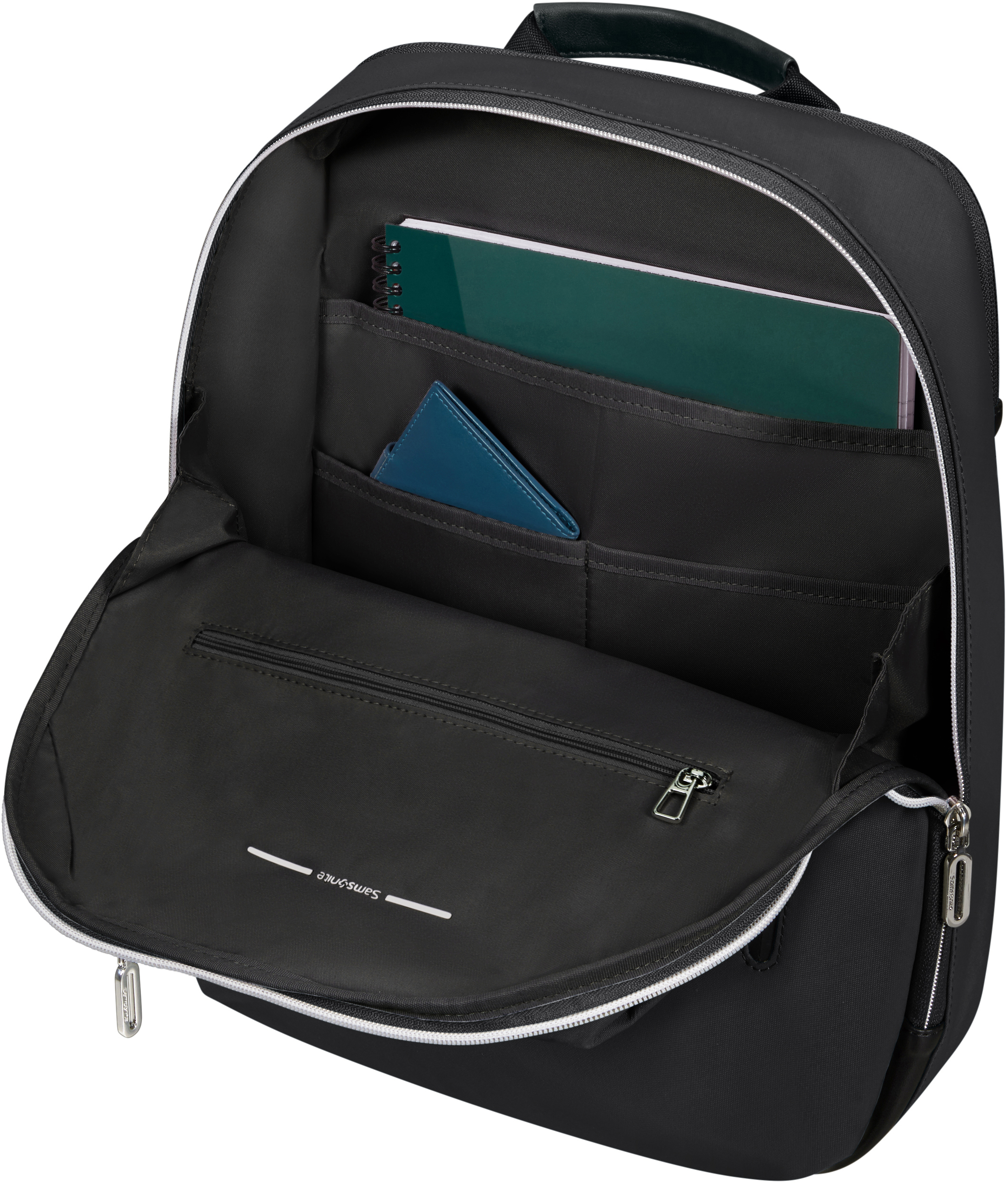 Schwarzer Rucksack offen, mit grünem Notizbuch, blauem Portemonnaie und Tasche. Samsonite-Logo sichtbar.