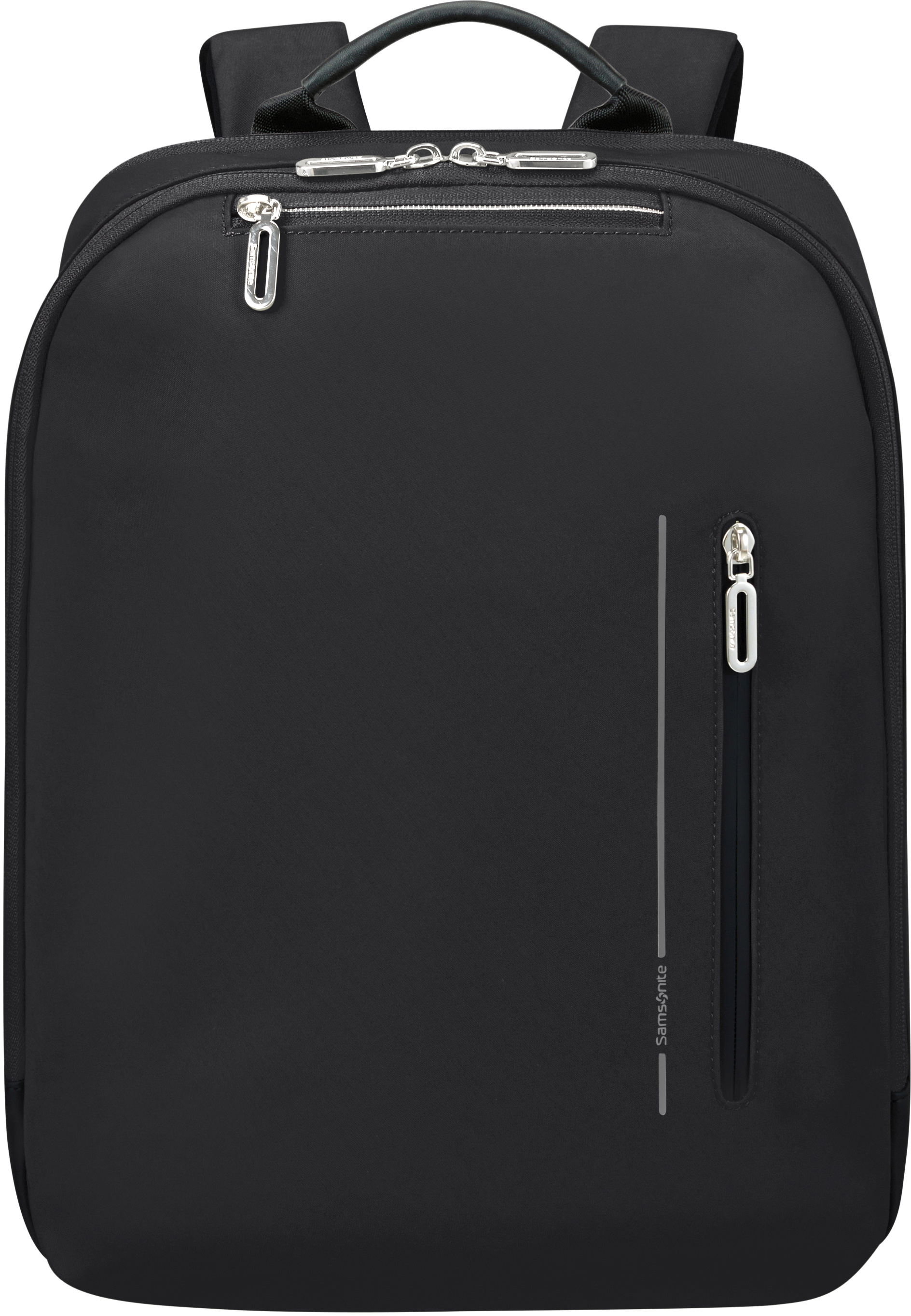Ein schwarzer Rucksack mit silbernen Reißverschlüssen und einem grauen vertikalen Strich. Griff oben.