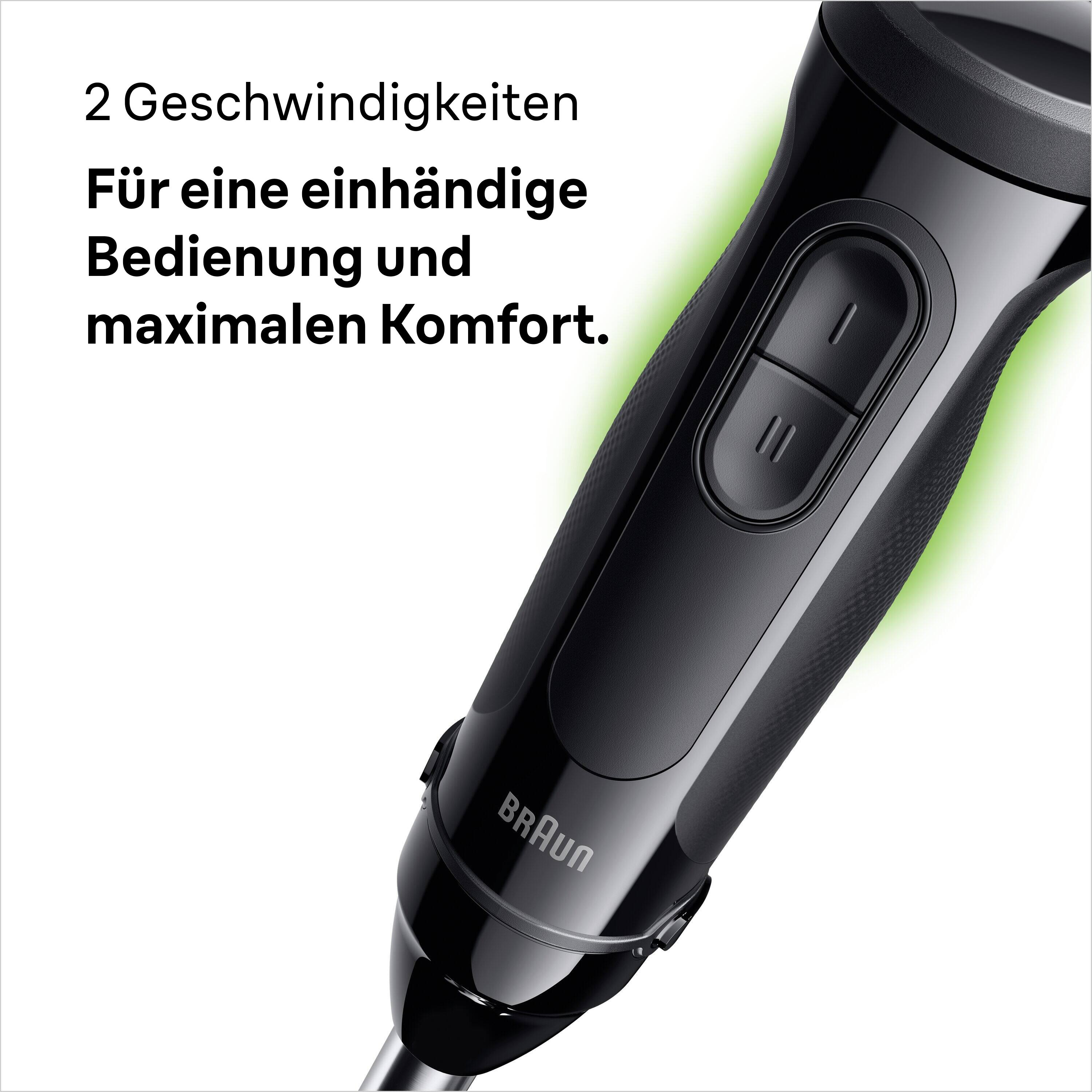 Schwarzer Stabmixer mit zwei Knöpfen. Er hat den Markennamen Braun. Text zeigt 2 Geschwindigkeiten.
