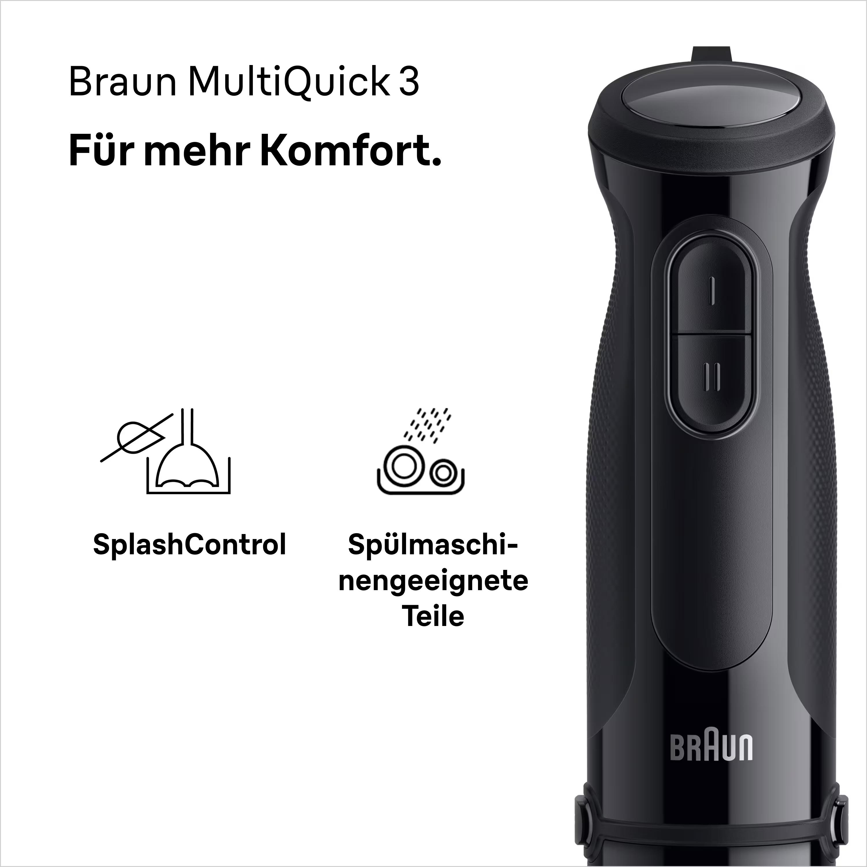 Ein schwarzer Braun MultiQuick 3 Stabmixer. Text: SplashControl, spülmaschinengeeignete Teile. Text: Für mehr Komfort.