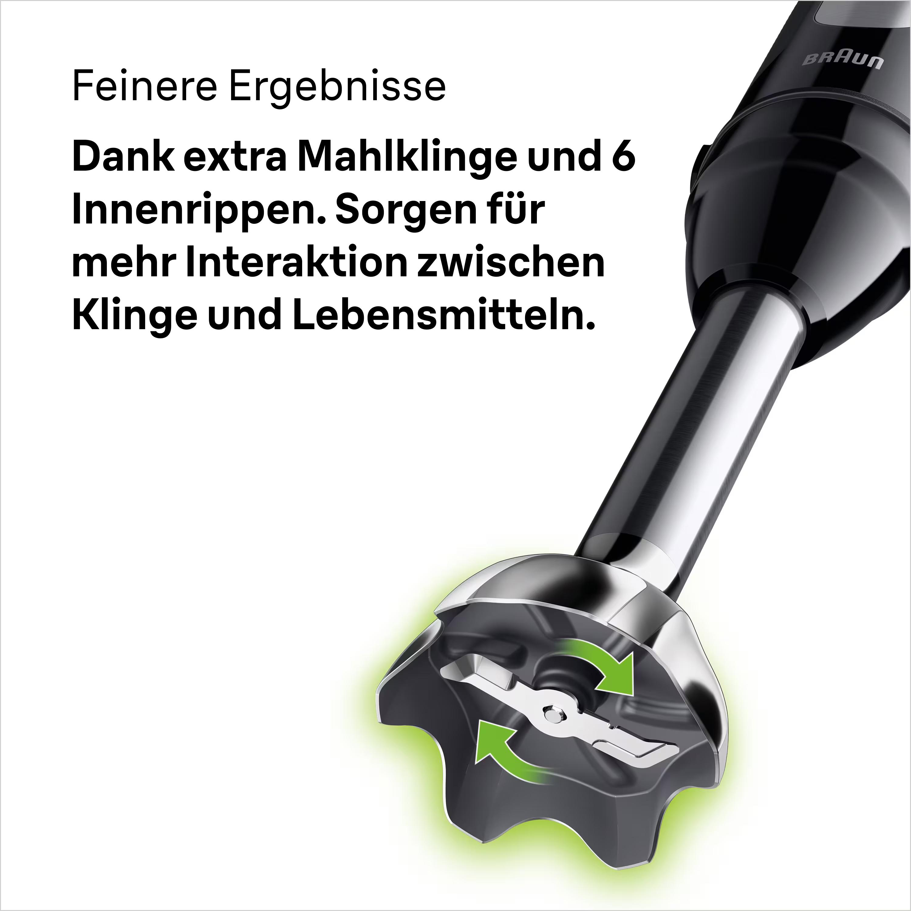Ein schwarzer Braun-Stabmixer mit Messerkopf. Text beschreibt feine Ergebnisse mit extra Klinge und 6 Rippen.