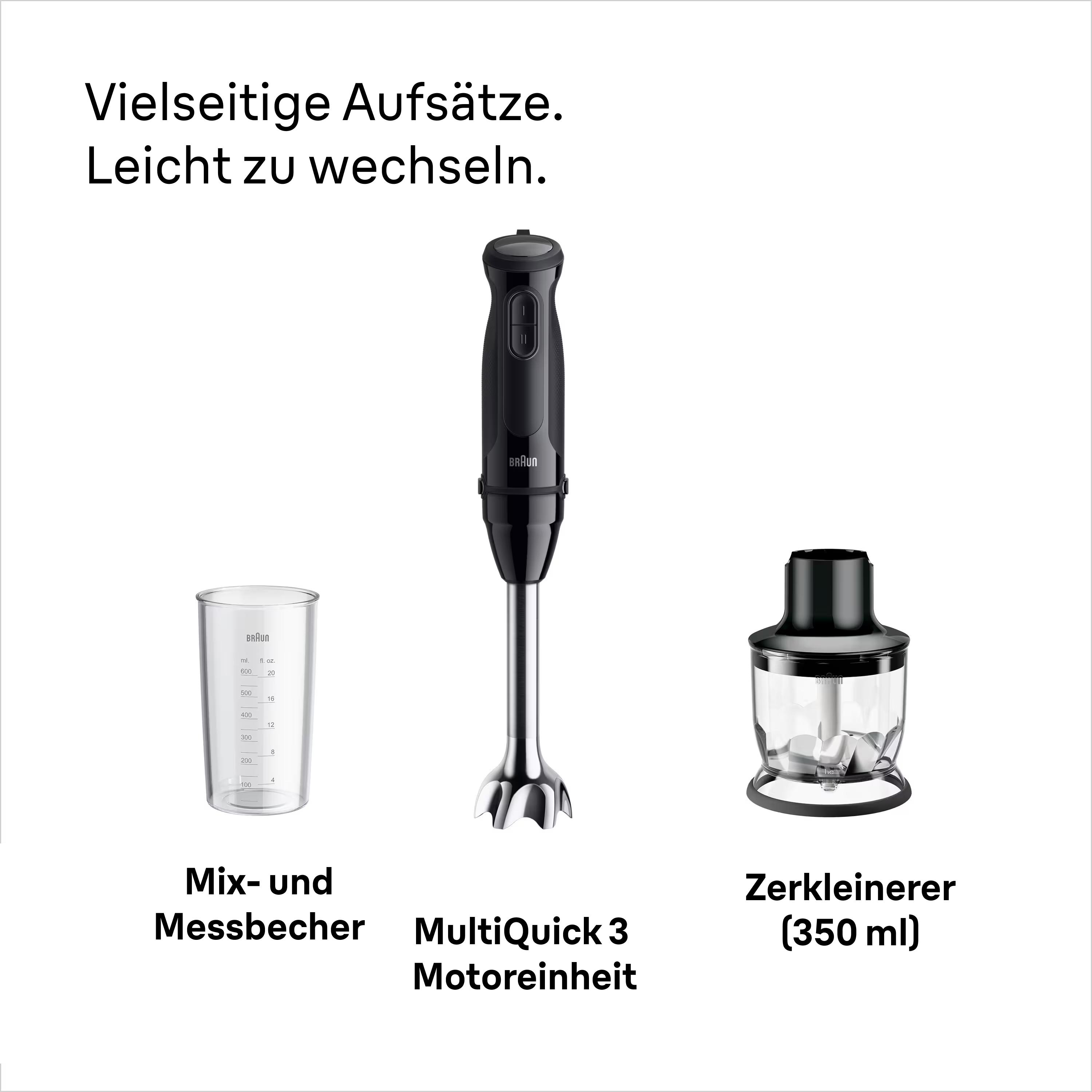 Schwarzer Braun-Stabmixer mit Aufsätzen: Messbecher, Zerkleinerer und Motoreinheit.