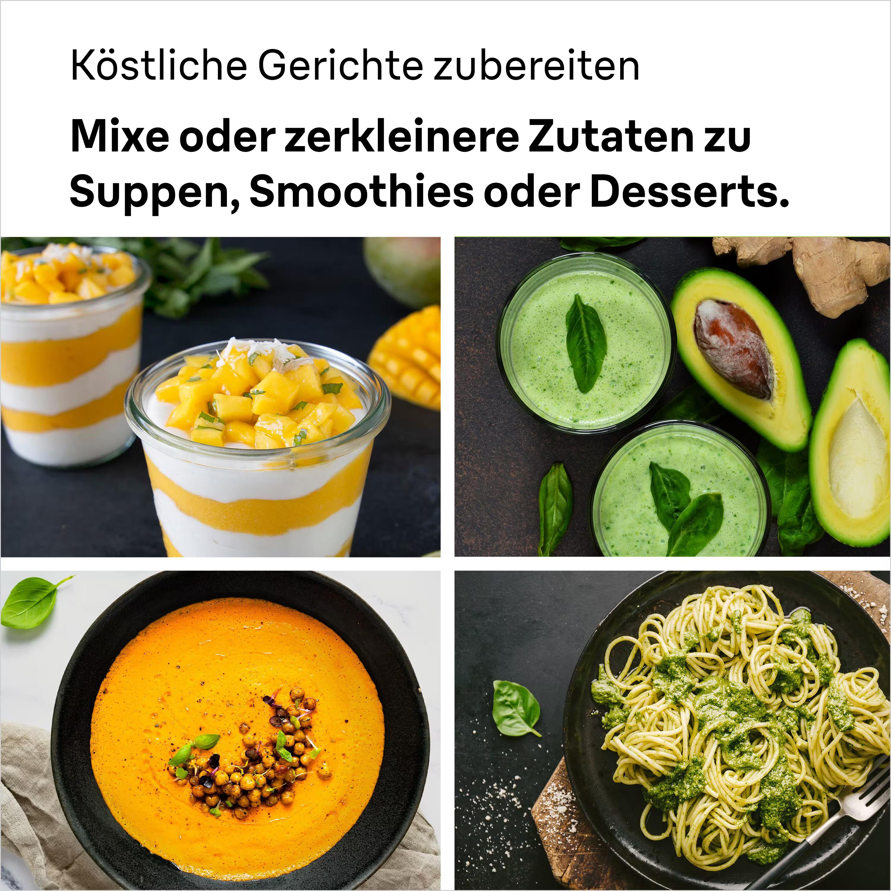 Bilder von Mahlzeiten. Mango-Dessert, grüner Smoothie, Orangensuppe und Pesto-Pasta auf schwarzem Untergrund.
