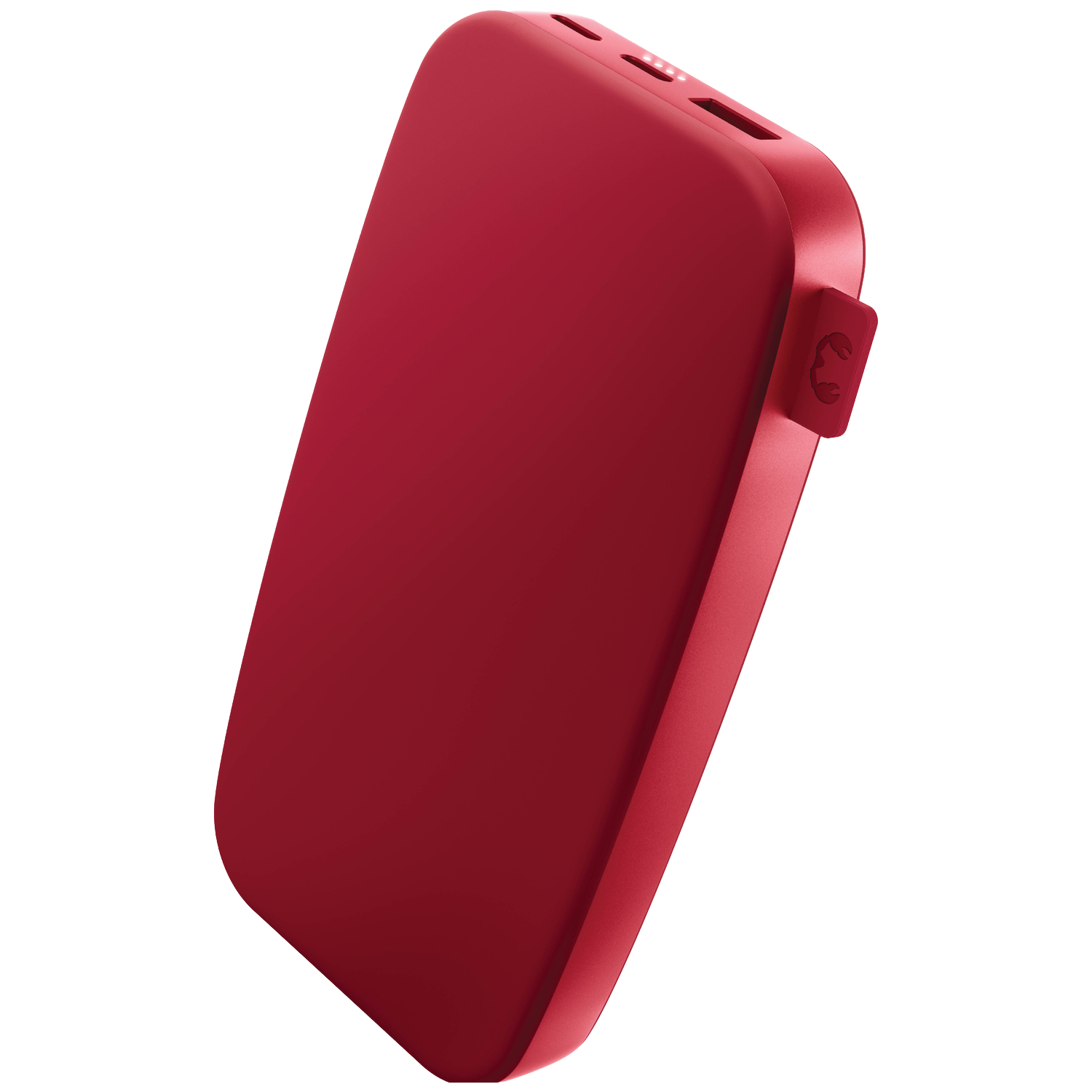 A red power bank with rounded edges, a logo, and several ports is shown against a white background.