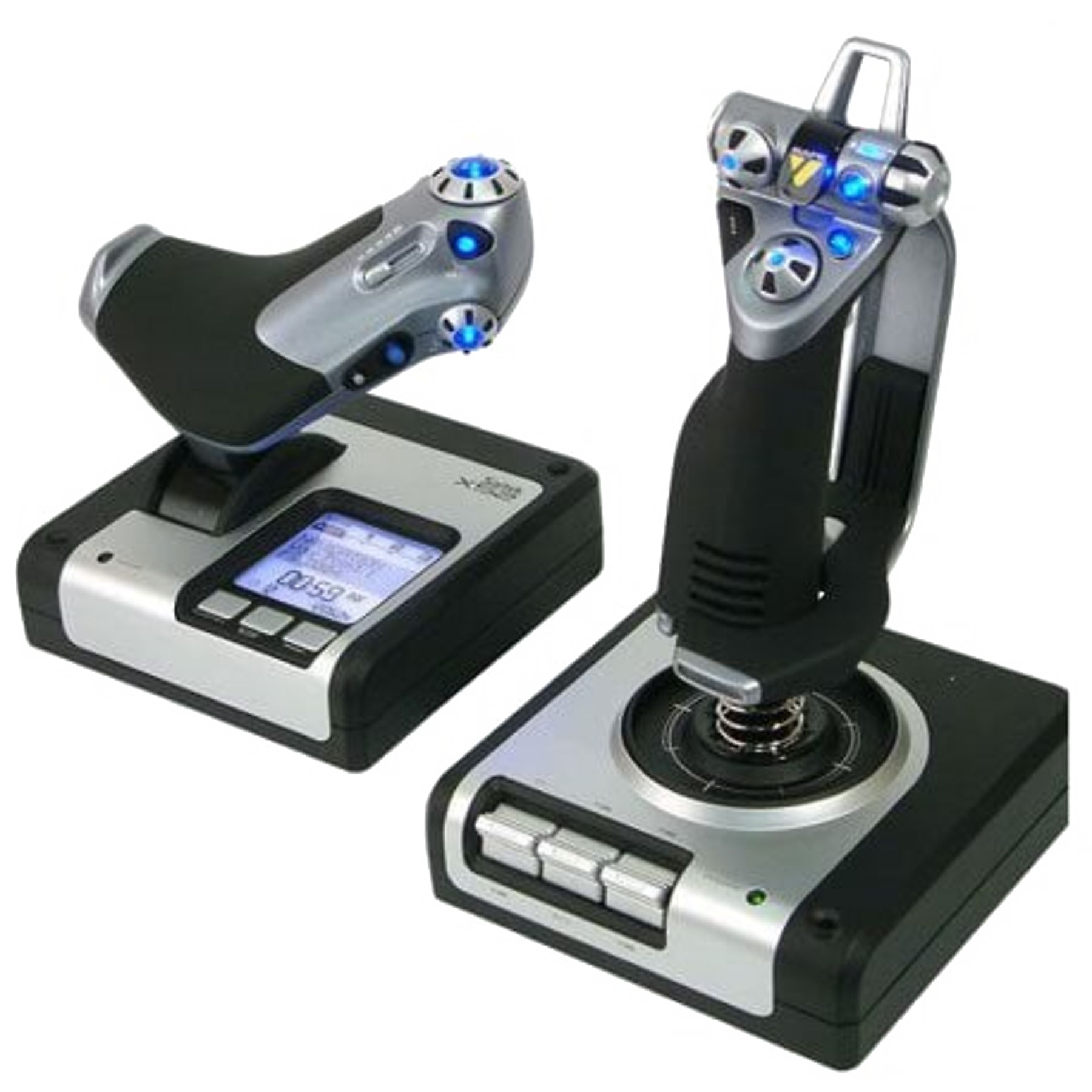 Dwa joysticki do gier. Jeden ma wyświetlacz i przyciski, drugi ma uchwyt i przyciski na górze.