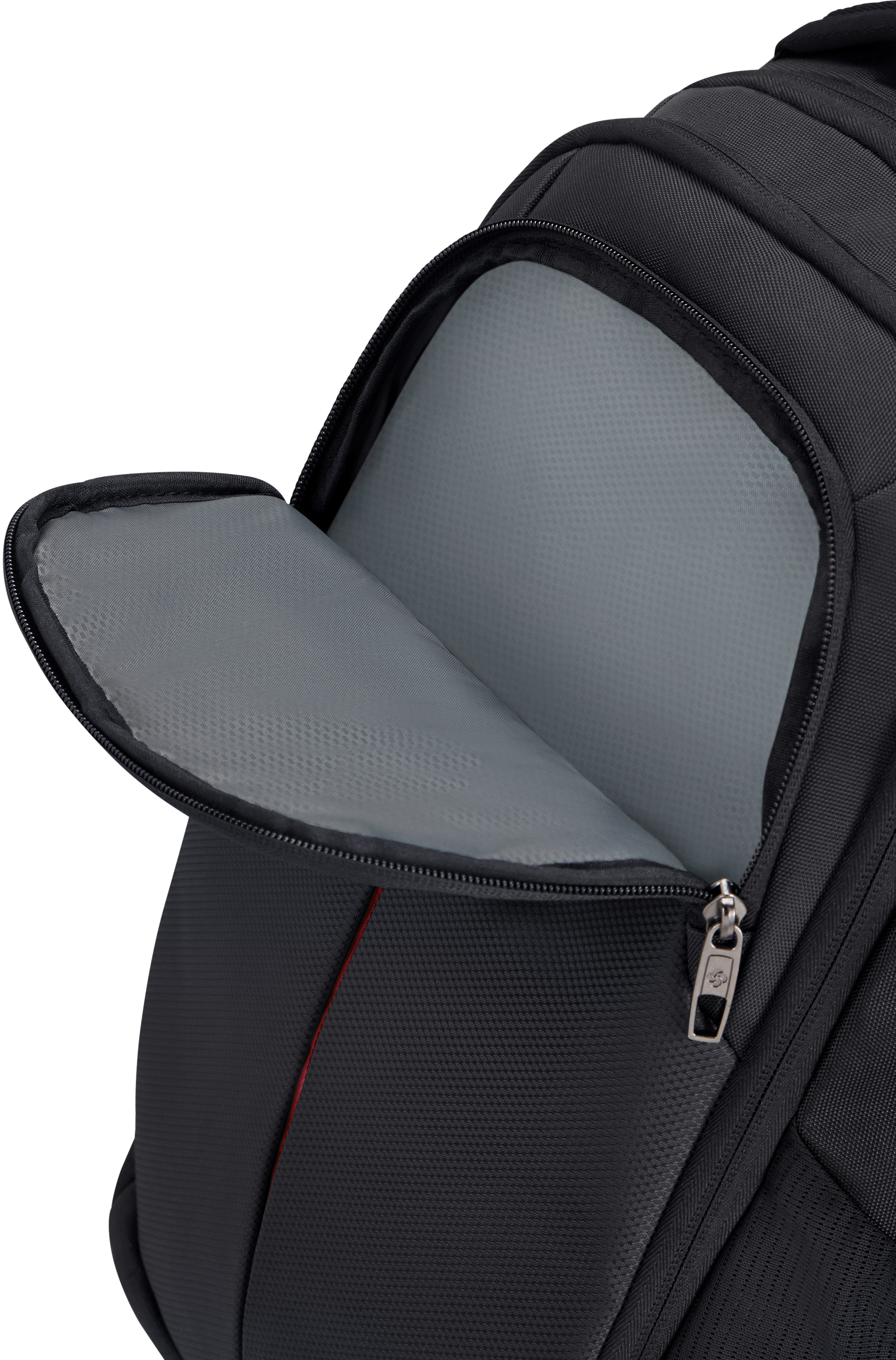 Schwarzer Samsonite Rucksack mit offener Tasche, graues Futter sichtbar.