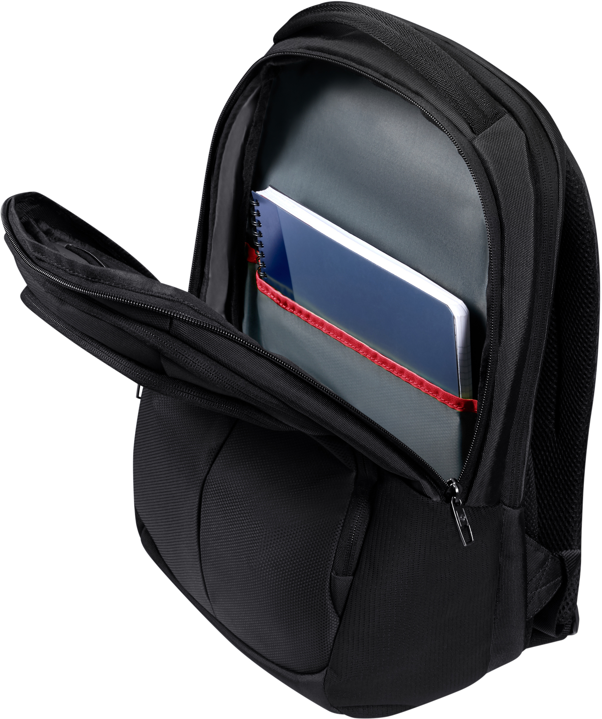 Schwarzer Rucksack mit offenem Fach, das ein blaues Notizbuch mit rotem Rand enthält. Weißer Hintergrund.
