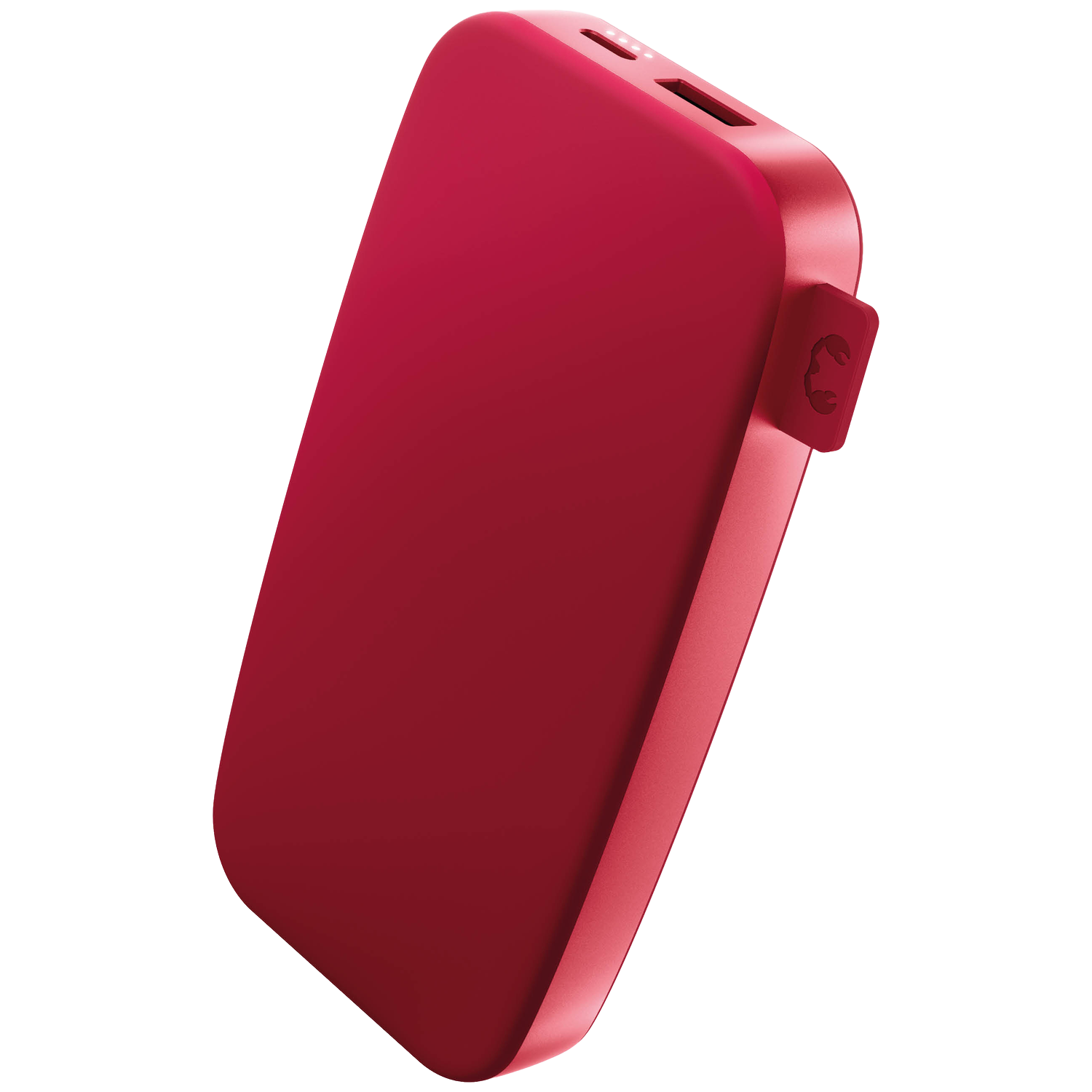 Een rode powerbank met afgeronde randen. Het heeft een kleine poort en indicatielampjes aan de bovenkant. Een logo staat op de zijkant.