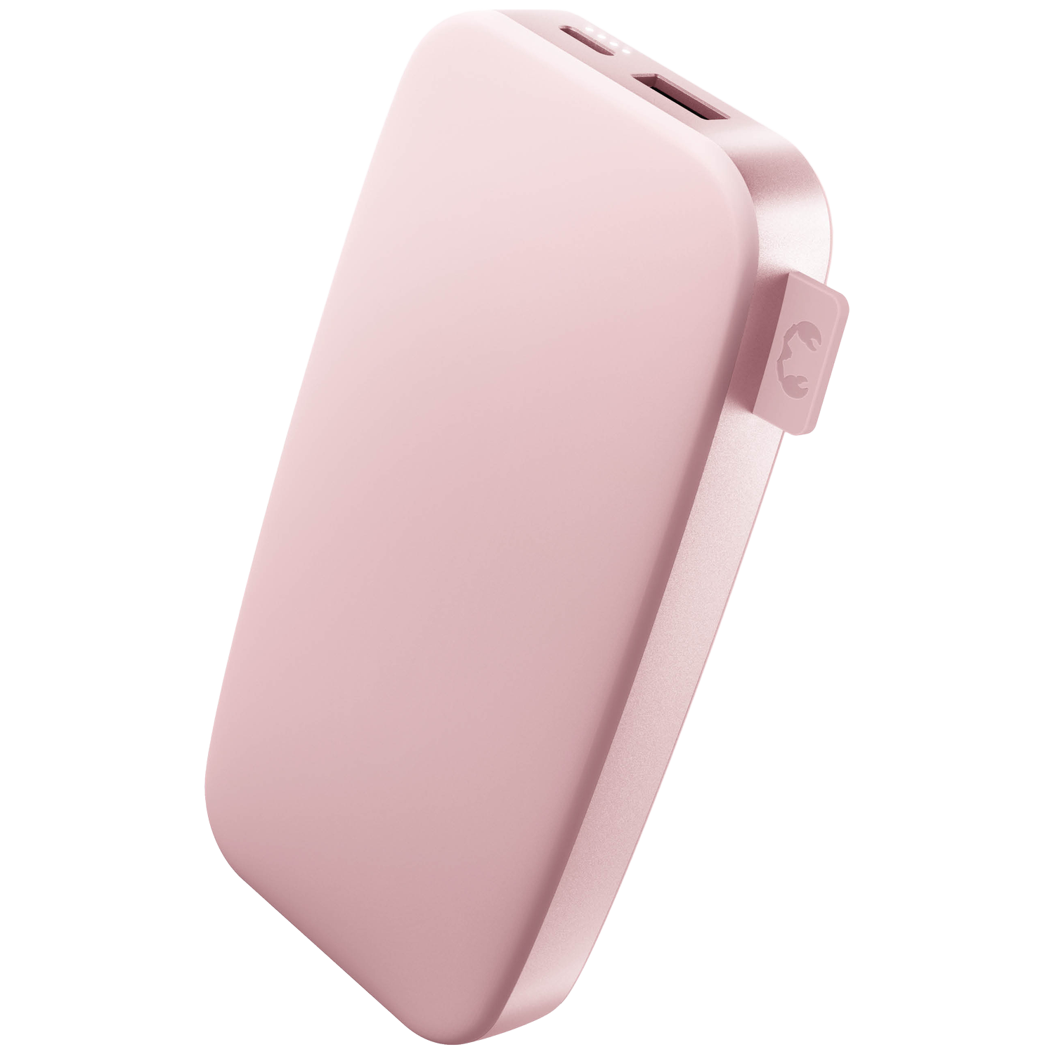 Een roze powerbank met afgeronde randen. Het heeft poorten aan de bovenkant en een klein logo aan de zijkant. De achtergrond is wit.