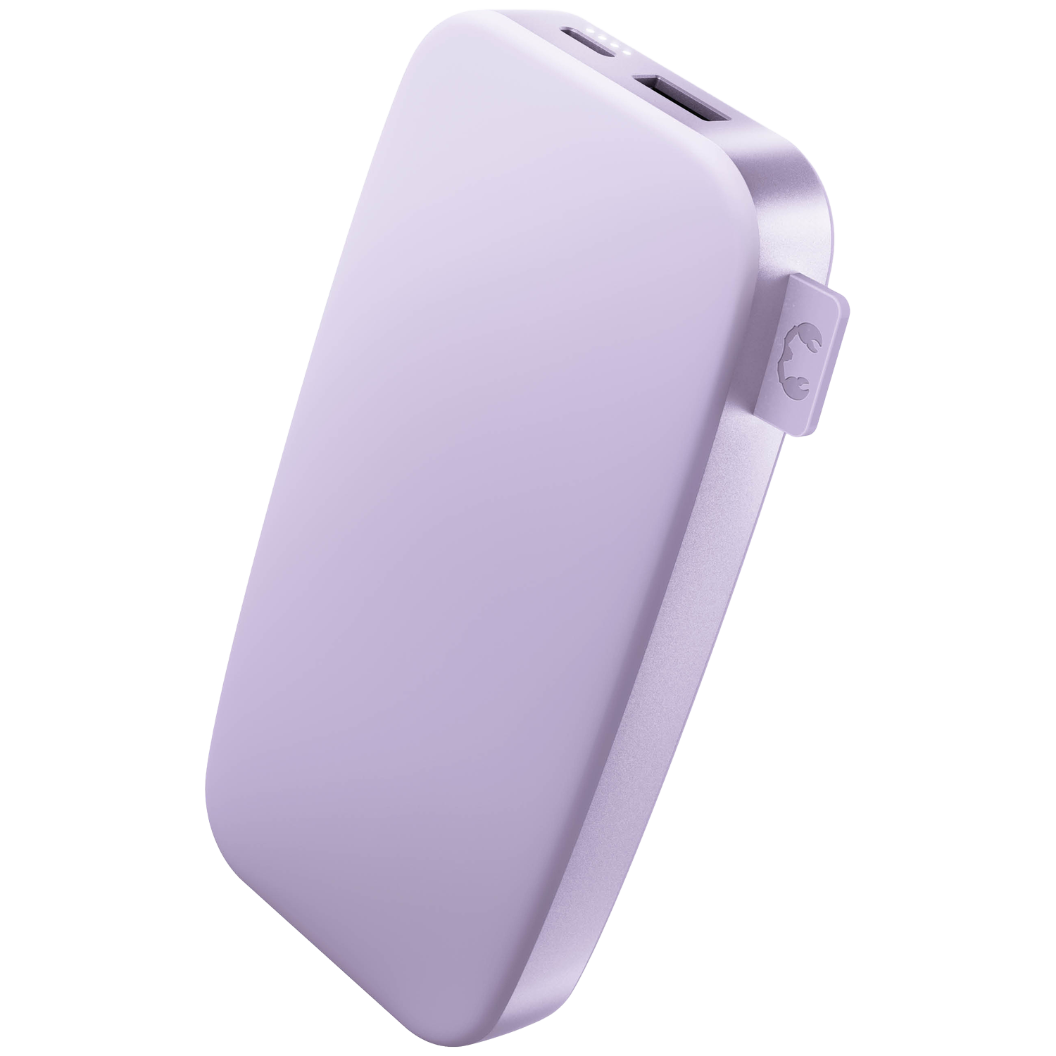 Een lichtpaarse powerbank met een gebogen ontwerp, poorten aan de bovenkant en een logo aan de zijkant, geïsoleerd op een witte achtergrond.