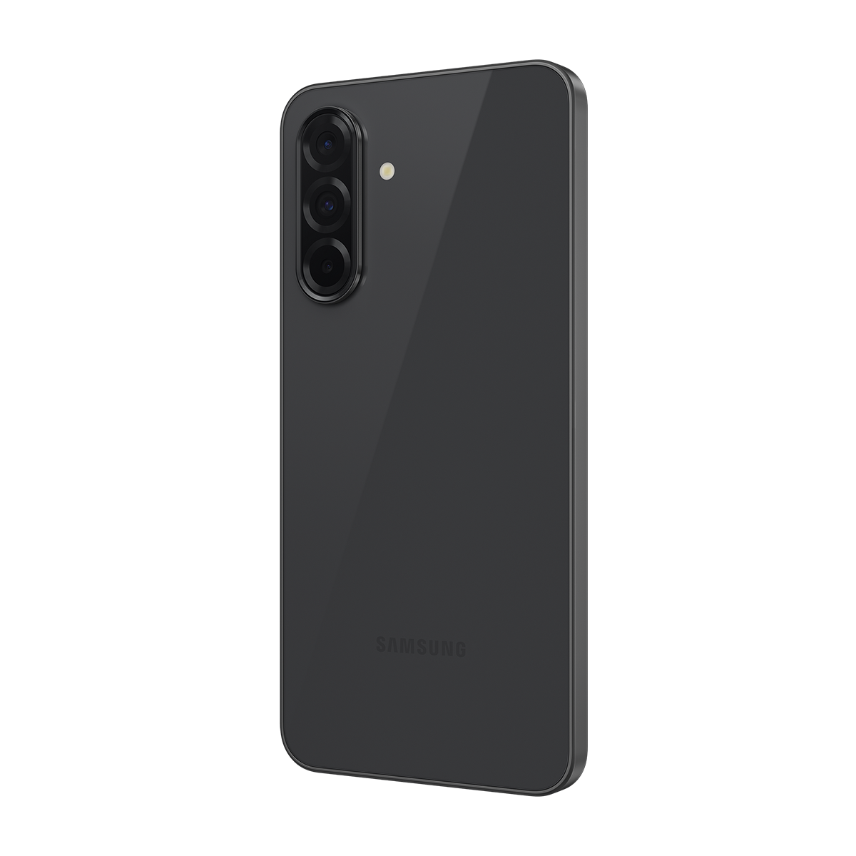 Siyah arka plan üzerinde kamera lensli gri akıllı telefonun arkası.