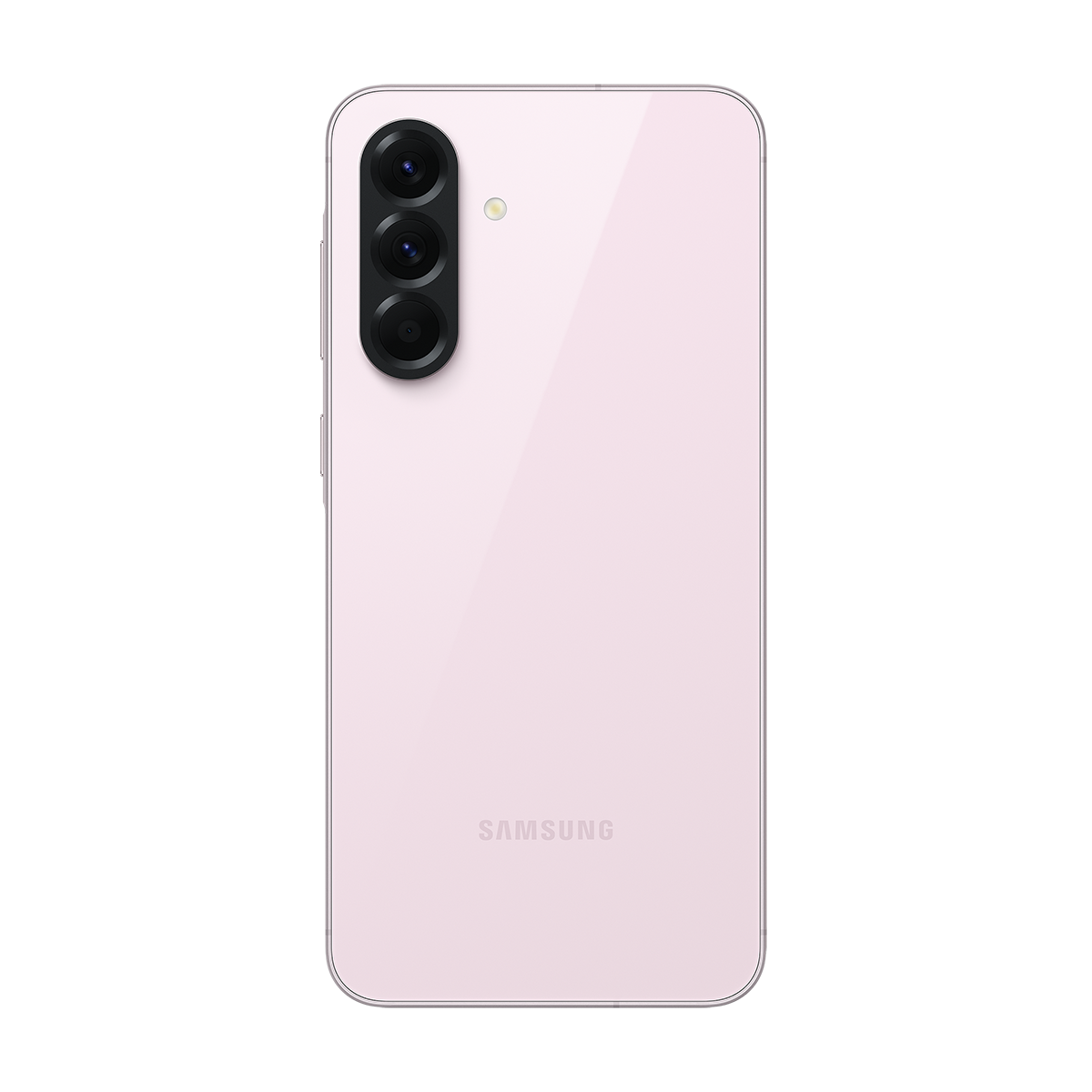 Pembe akıllı telefon arkası, üç kamera ile. Samsung logosu. Siyah zemin.