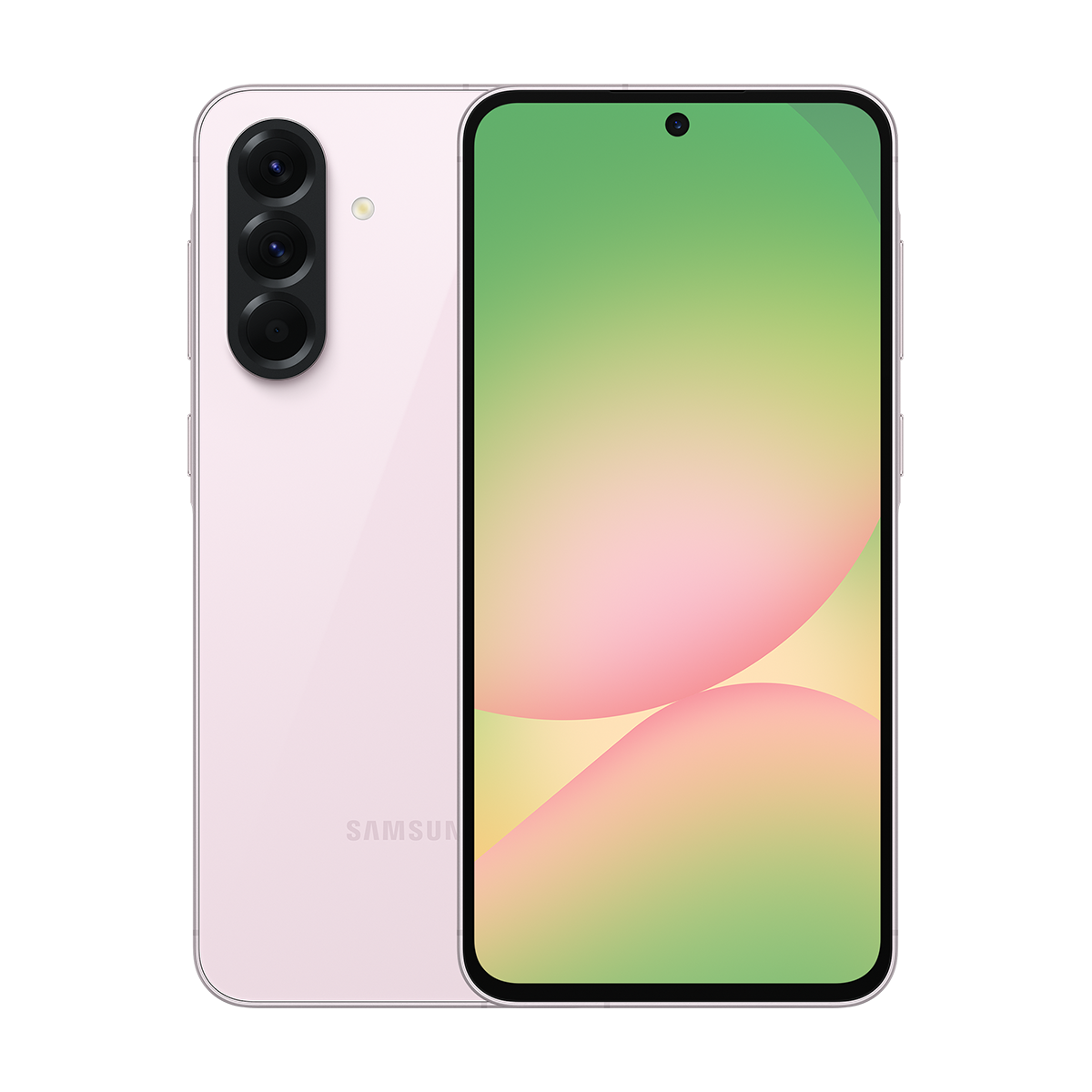 Pembe telefon, ön ve arka görünüm. Pembe ve yeşil soyut bir görüntü görüntüler.