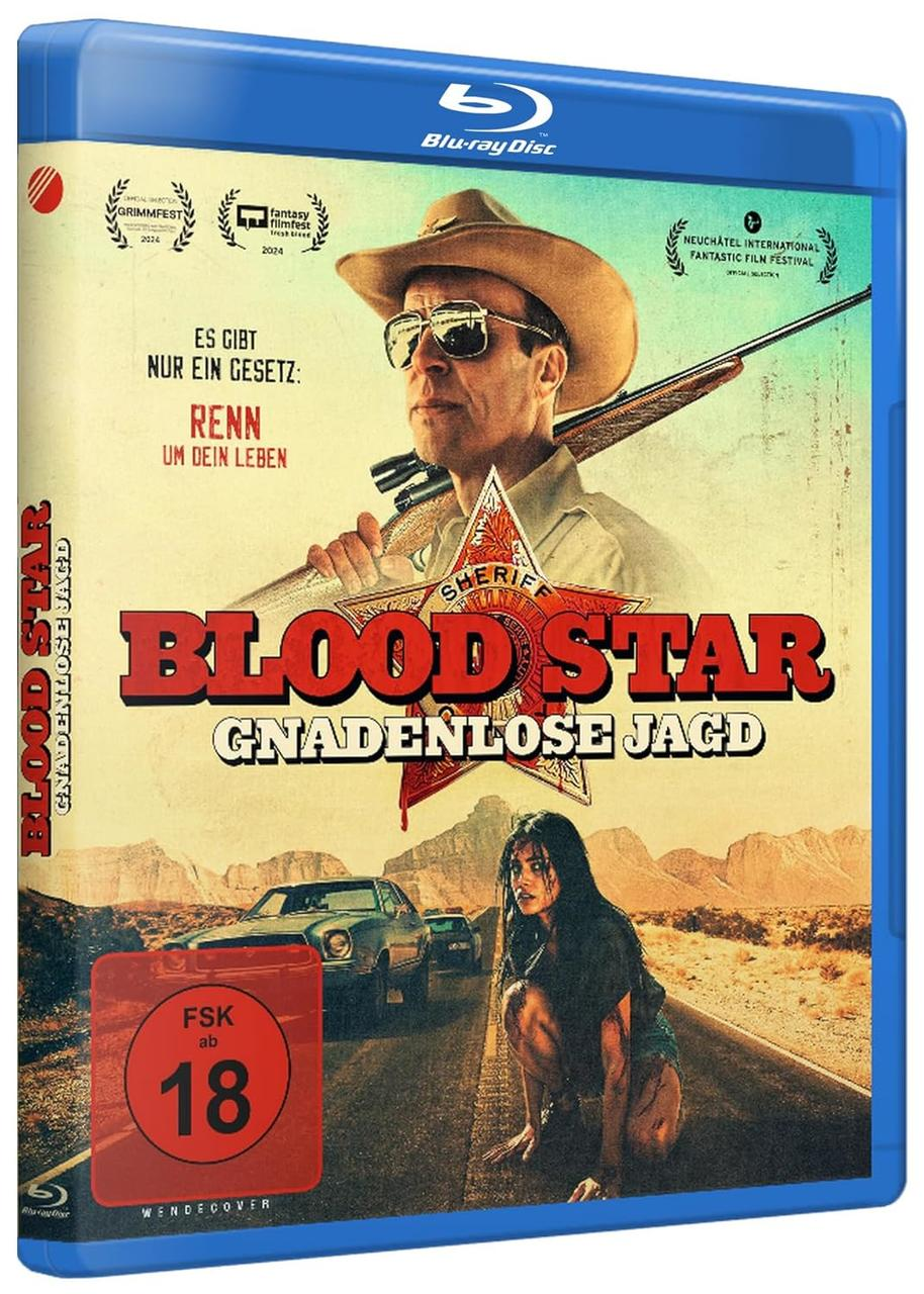 Blu-ray-Disc-Cover: Ein Mann mit Cowboyhut, Gewehr und ein Auto auf der Straße. Der Titel lautet 'Blood Star'.