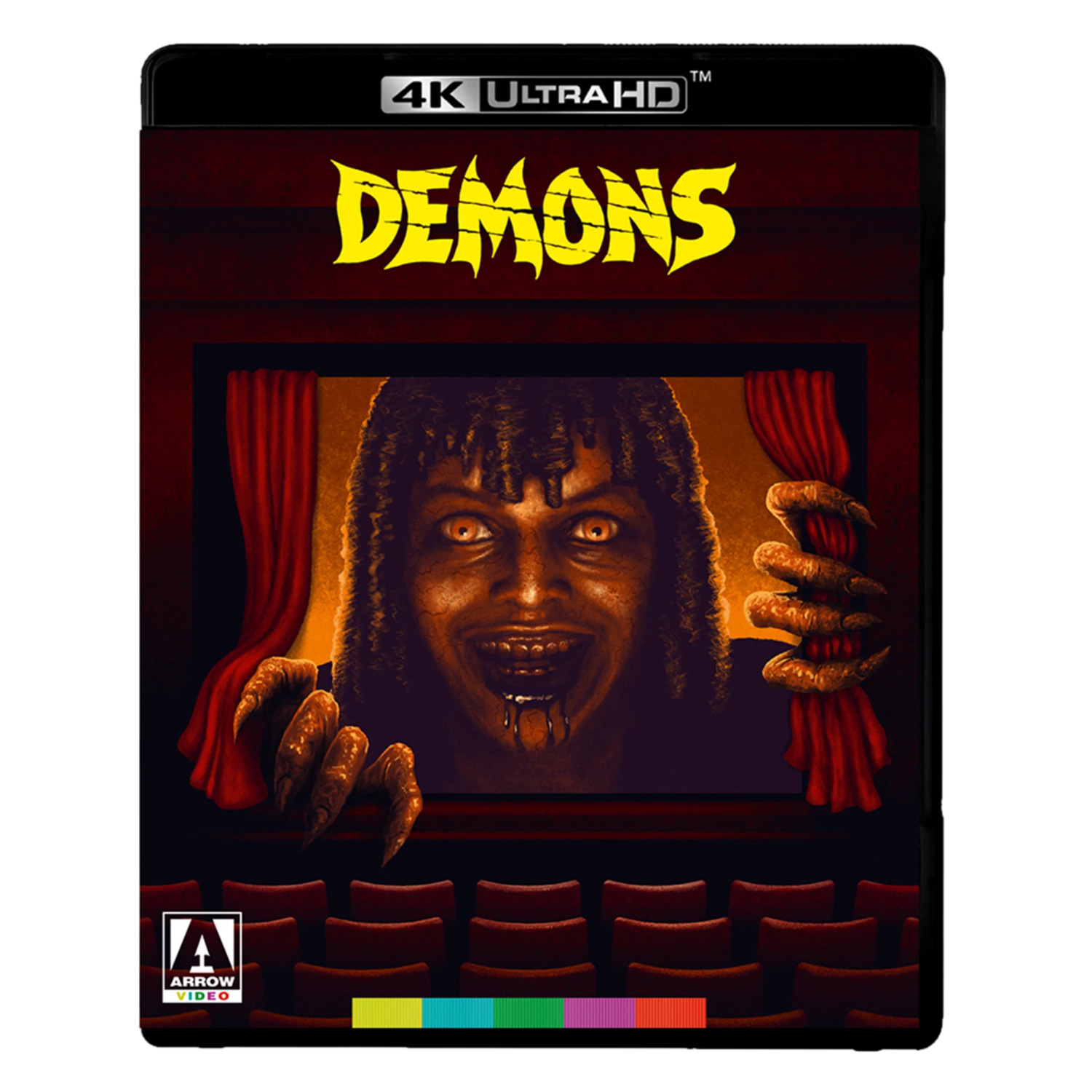 4K Ultra HD Blu-ray cover voor de film "Demons", met een monster in een theater.