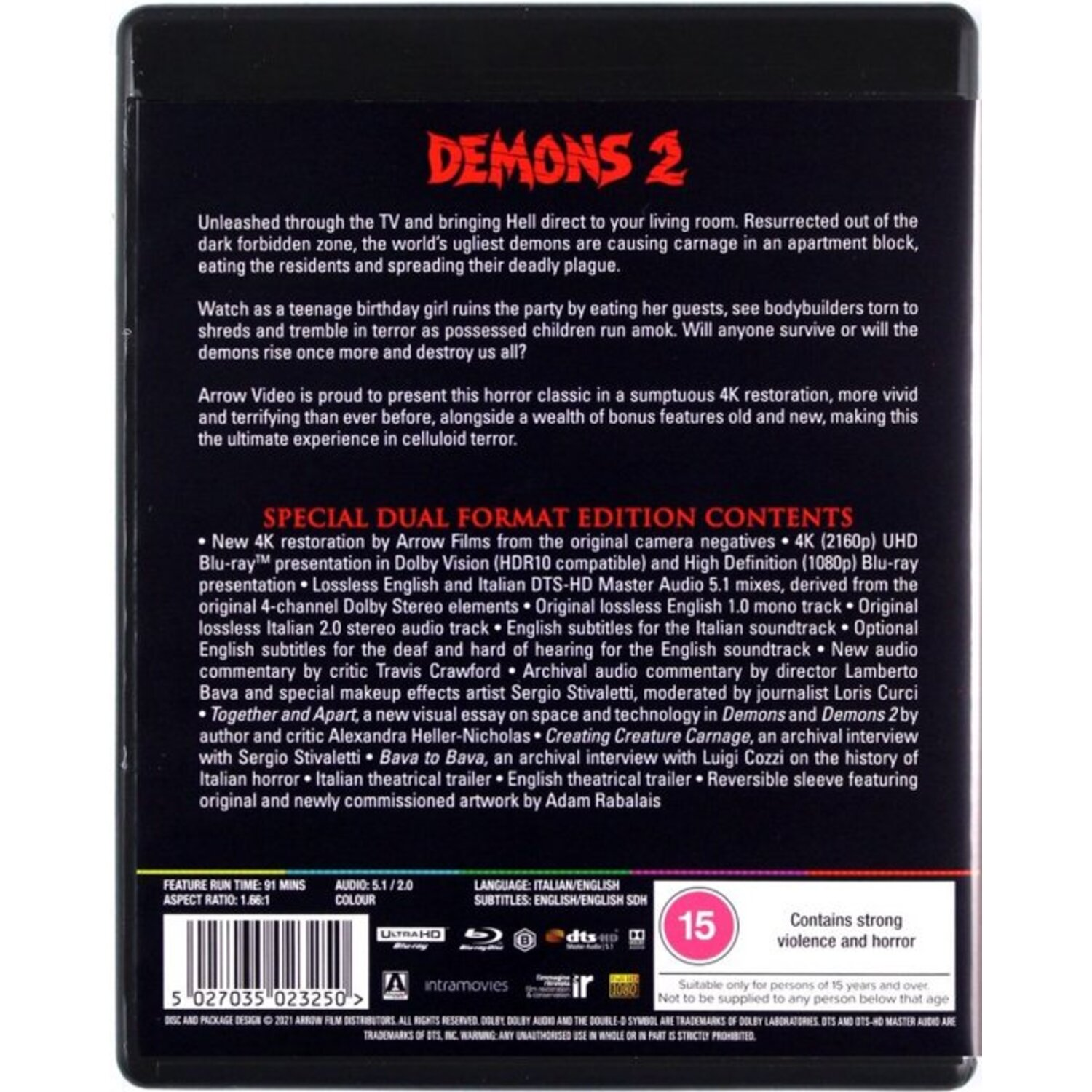 Couverture de film avec texte. Inclut du texte sur un film intitulé 'Demons 2'.