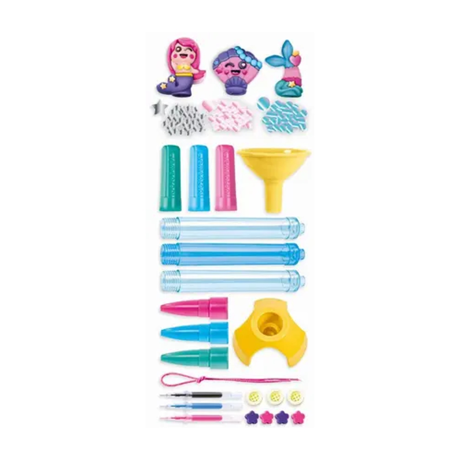 Un set di materiali per la creazione di giocattoli, tra cui stampi, tubi colorati e glitter.