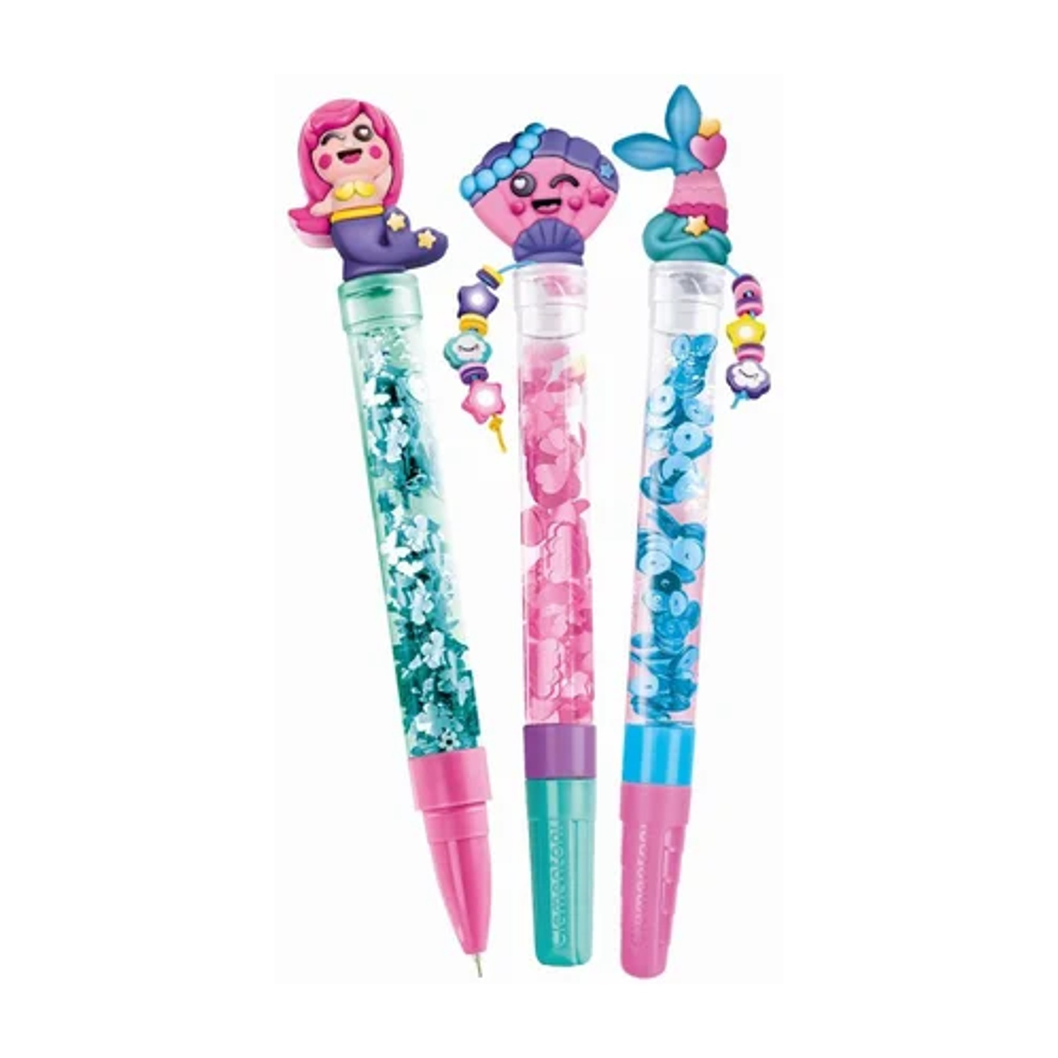 Tre penne colorate con decorazioni a sirena. Ogni penna ha glitter e una sirena diversa.