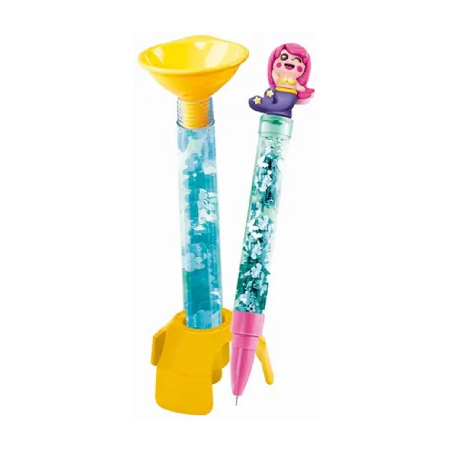 Due penne colorate con glitter e design a sirena, una con base a stantuffo.