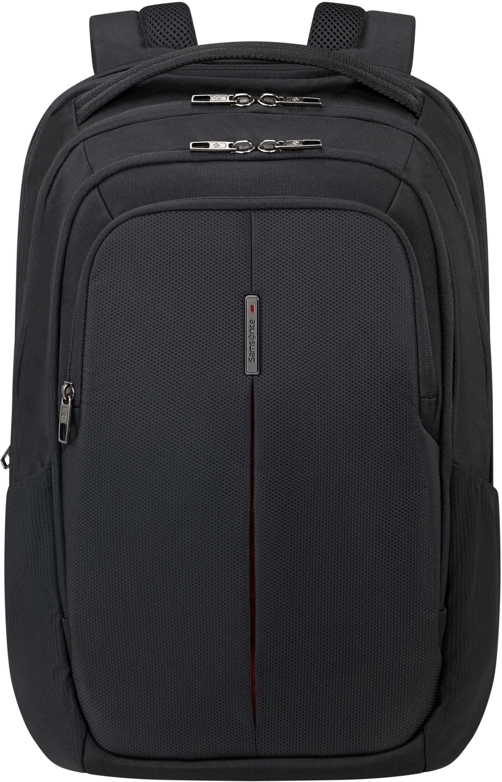 Schwarzer Rucksack mit mehreren Fächern, Vorderansicht. Roter Streifen in der Mitte.