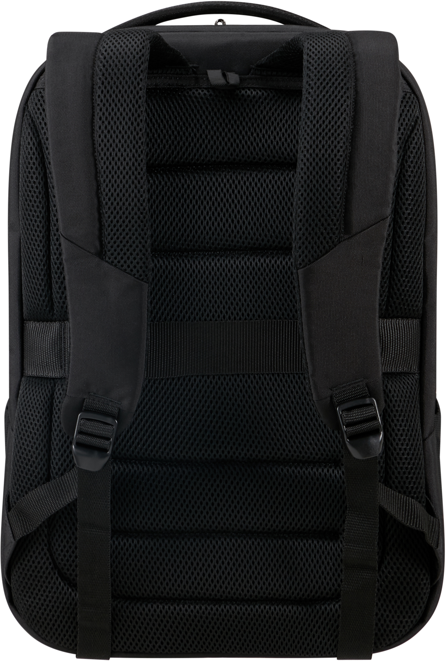Rückansicht eines schwarzen Rucksacks mit Netzpolsterung und verstellbaren Trägern.