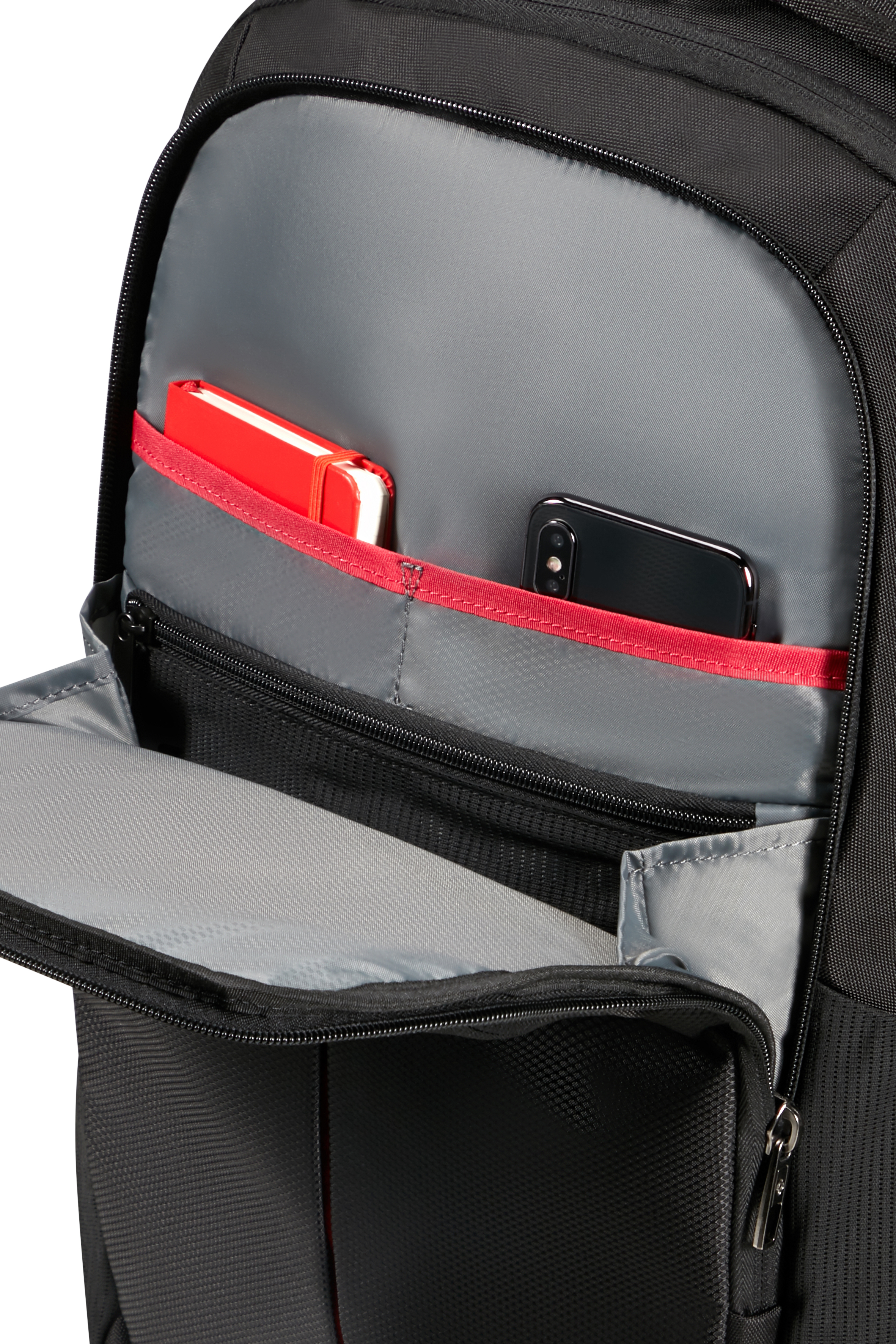 Schwarzer Samsonite-Rucksack, offen mit Fächern.
