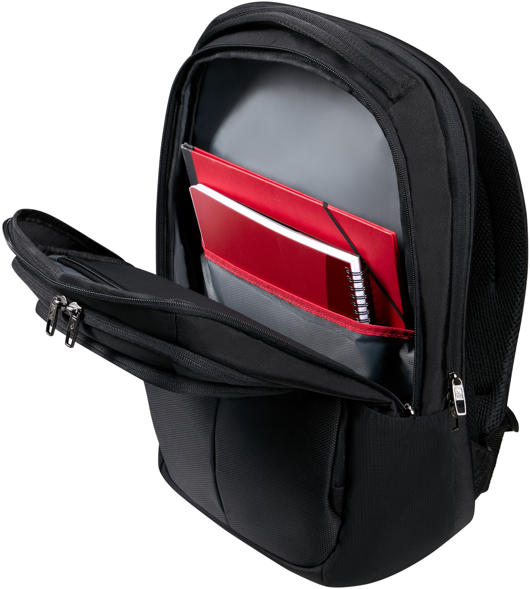 Schwarzer Rucksack mit offener Tasche, die rote Notizbücher zeigt.