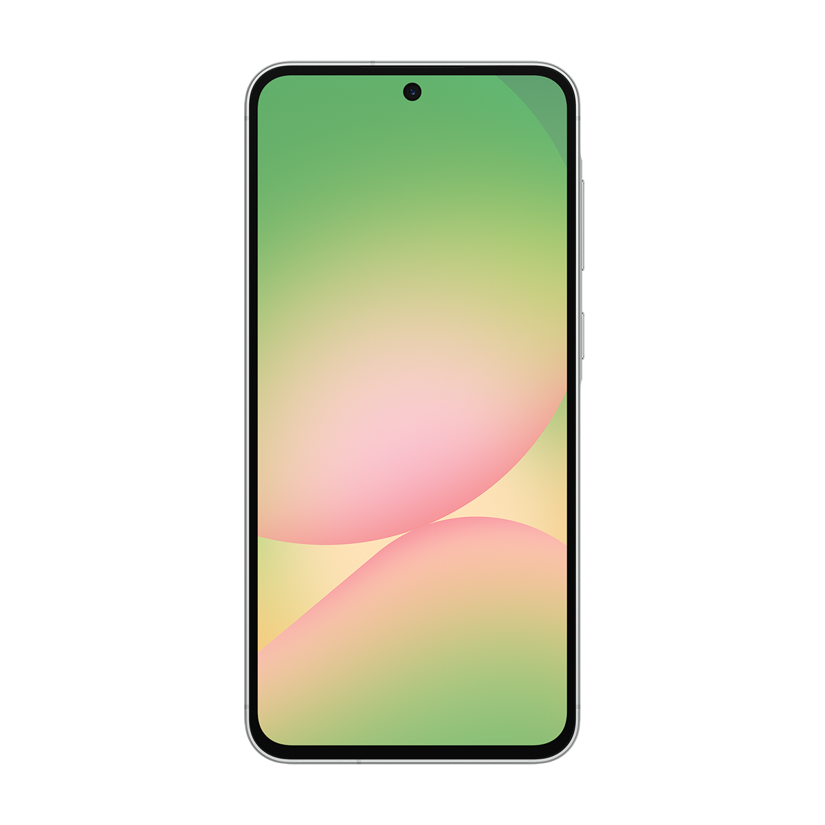 Yeşil ve pembe degrade ekranlı, ön kamerası ve gümüş çerçevesi olan siyah bir akıllı telefon.