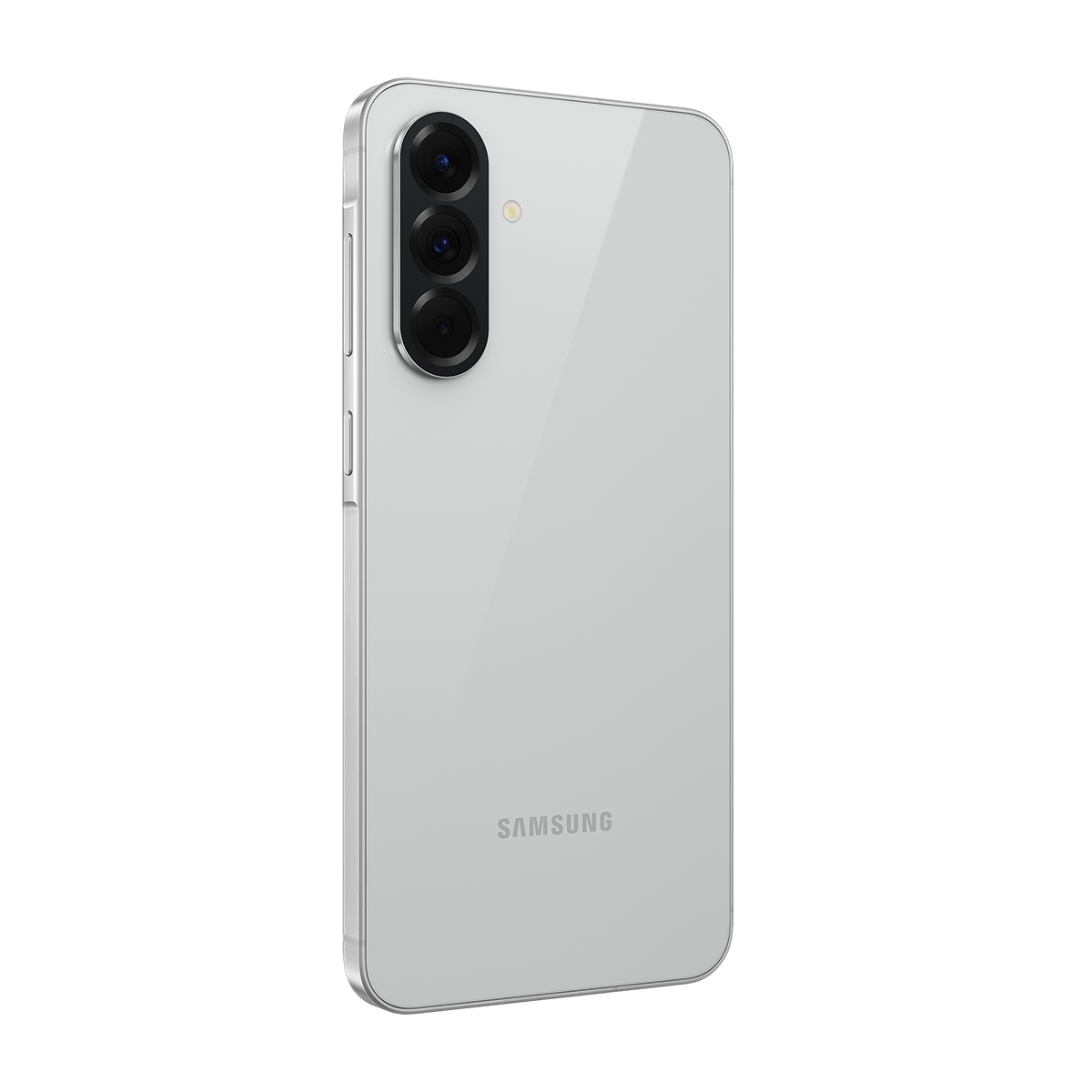 Siyah arka plan üzerinde üç arka kameralı beyaz Samsung telefon.