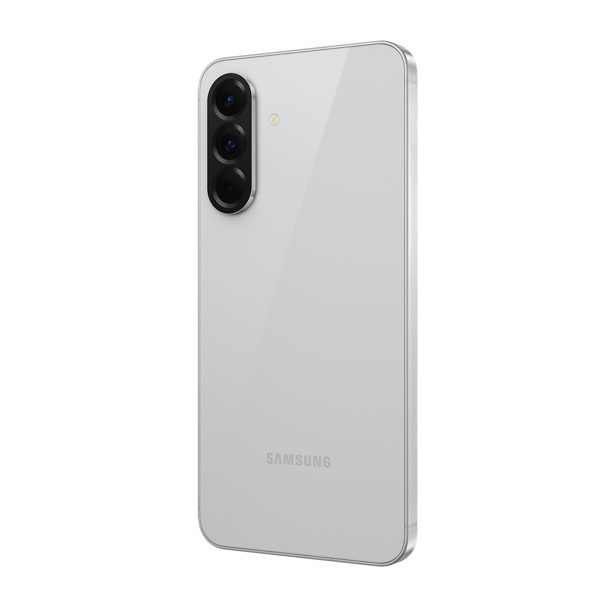 Beyaz Samsung telefon, arka görünüm, üç kameralı. Siyah bir arka plan üzerinde izole edildi.