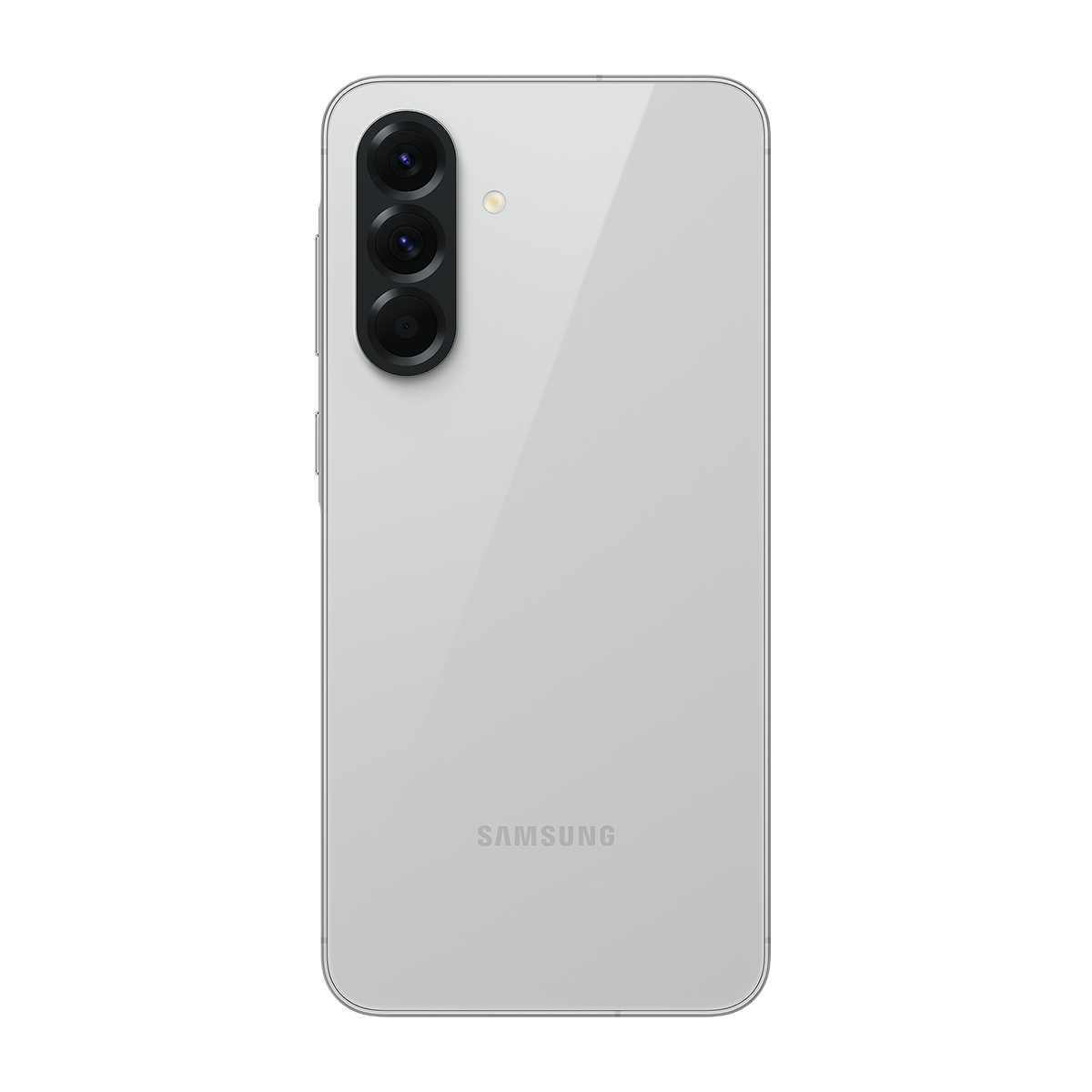 Arkada üç kameralı, Samsung logolu, beyaz bir akıllı telefon ve siyah bir arka plan.