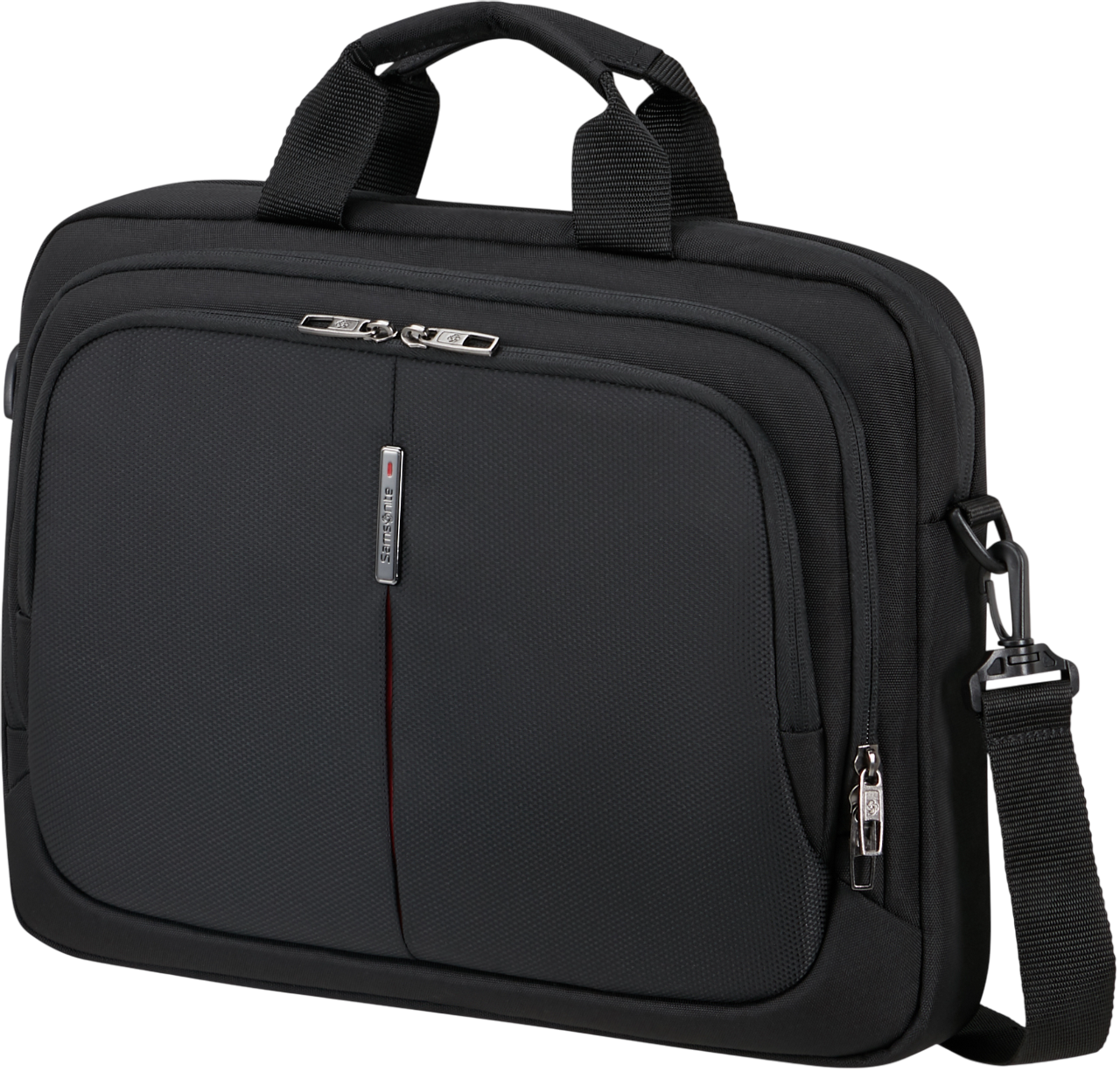 Schwarzer Samsonite Aktenkoffer mit Griff, Schultergurt und rotem Streifen. Schwarzer Hintergrund.