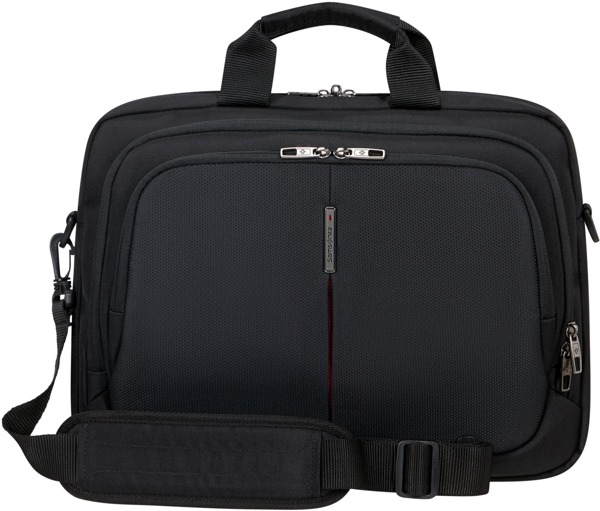 Schwarze Samsonite-Aktentasche mit rotem Streifen und Schulterriemen.