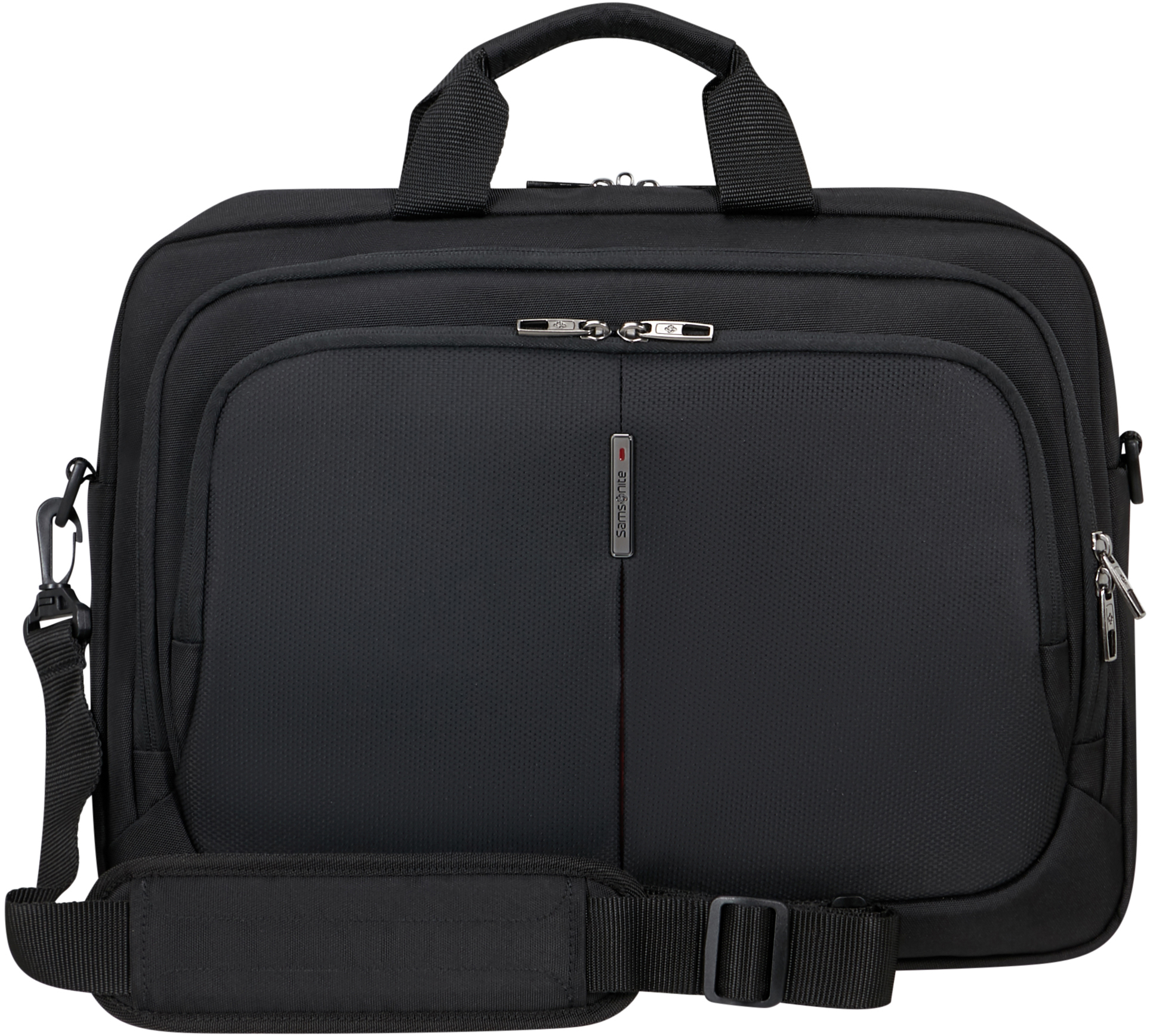 Schwarze Samsonite-Aktentasche mit Griff, Schulterriemen und mehreren Taschen.