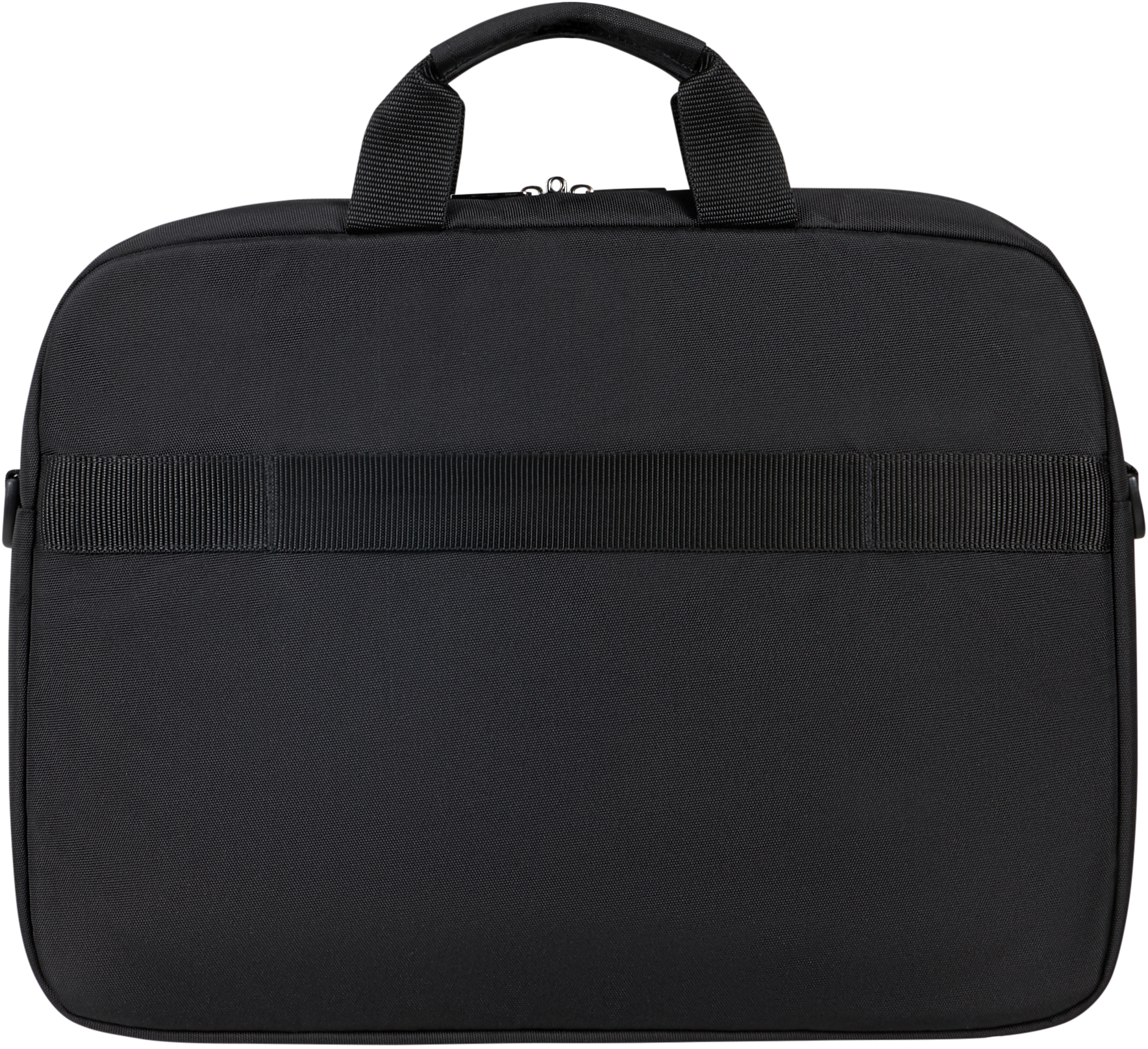 Schwarze Reisetasche. Verfügt über einen oberen Griff, einen langen Riemen und einen Reißverschluss.