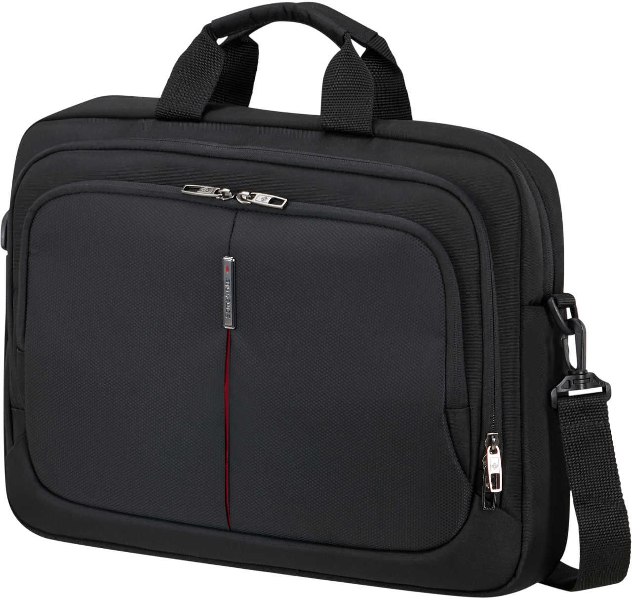 Eine schwarze Samsonite Aktentasche mit Griff und Schulterriemen, isoliert auf Schwarz.