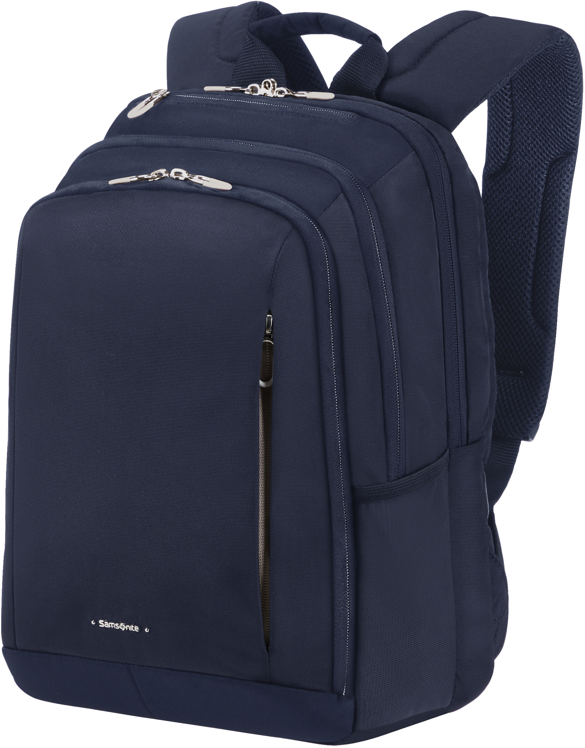 Ein marineblauer Samsonite-Rucksack mit mehreren Fächern und einem Frontreißverschluss.