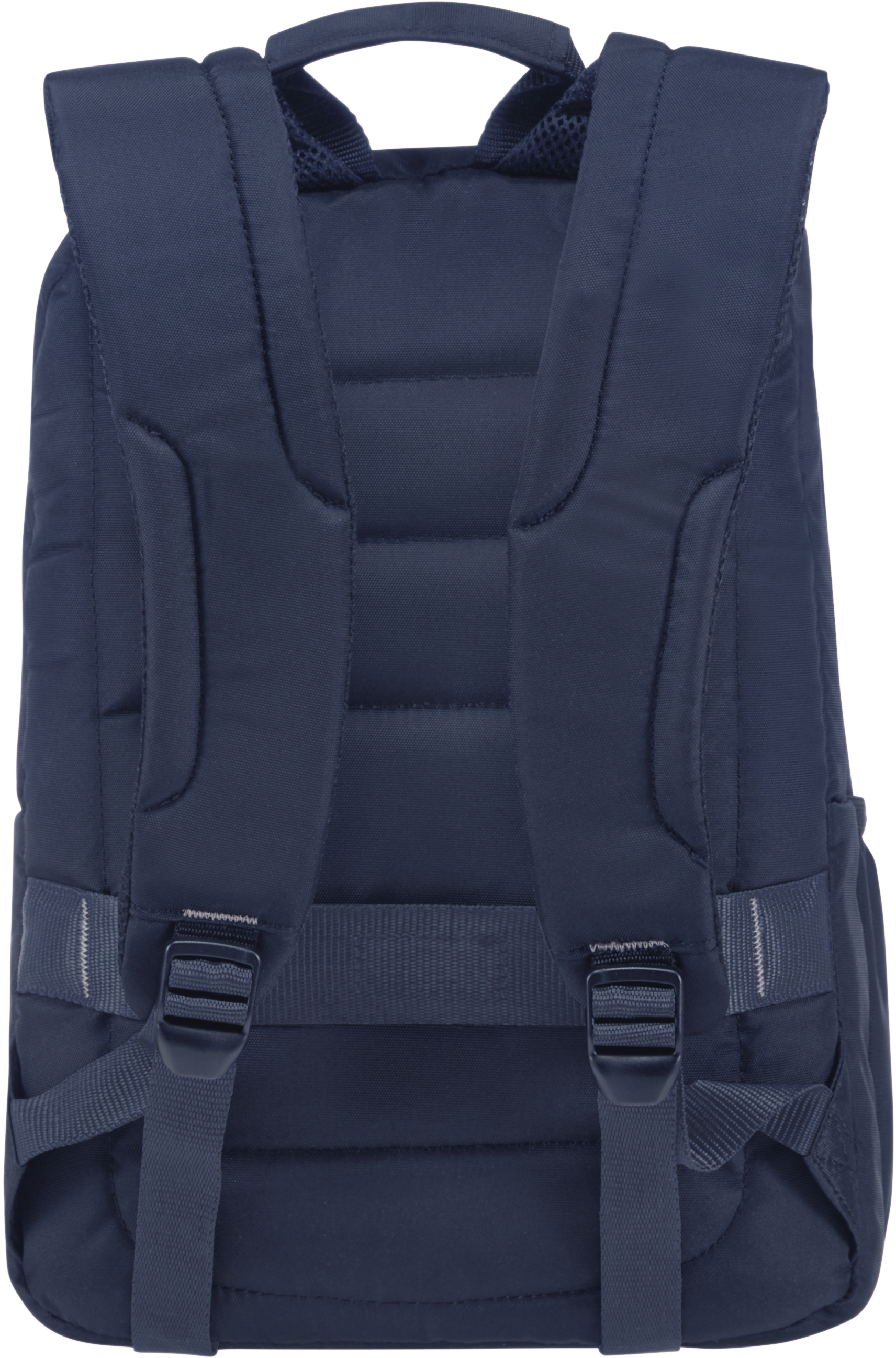 Marineblauer Rucksack von hinten. Zeigt Gurte, Schnallen und gepolsterte Rückenstütze.