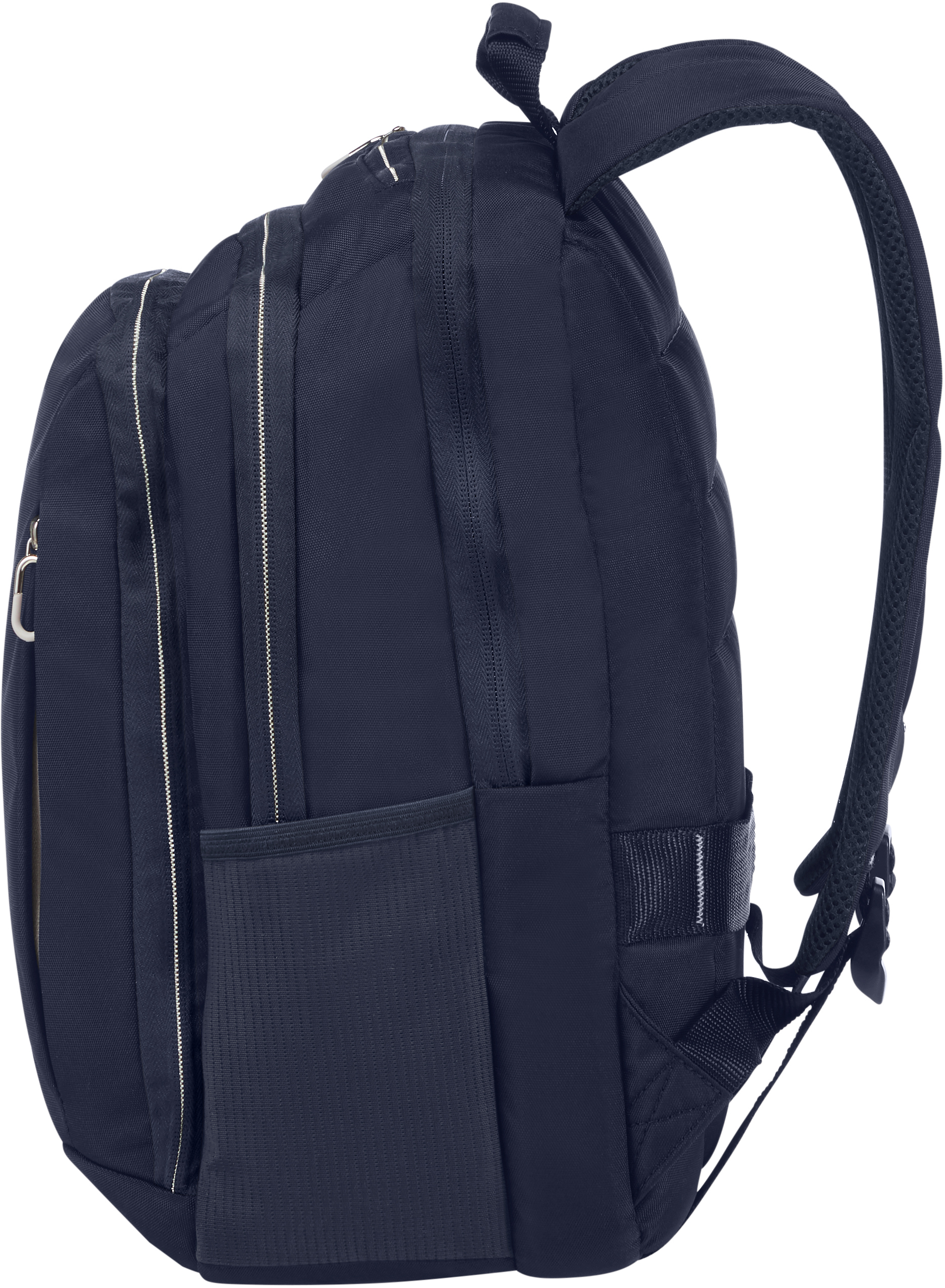 Marineblauer Rucksack mit Seitentasche, sichtbaren Reißverschlüssen und gebogenem Schultergurt.