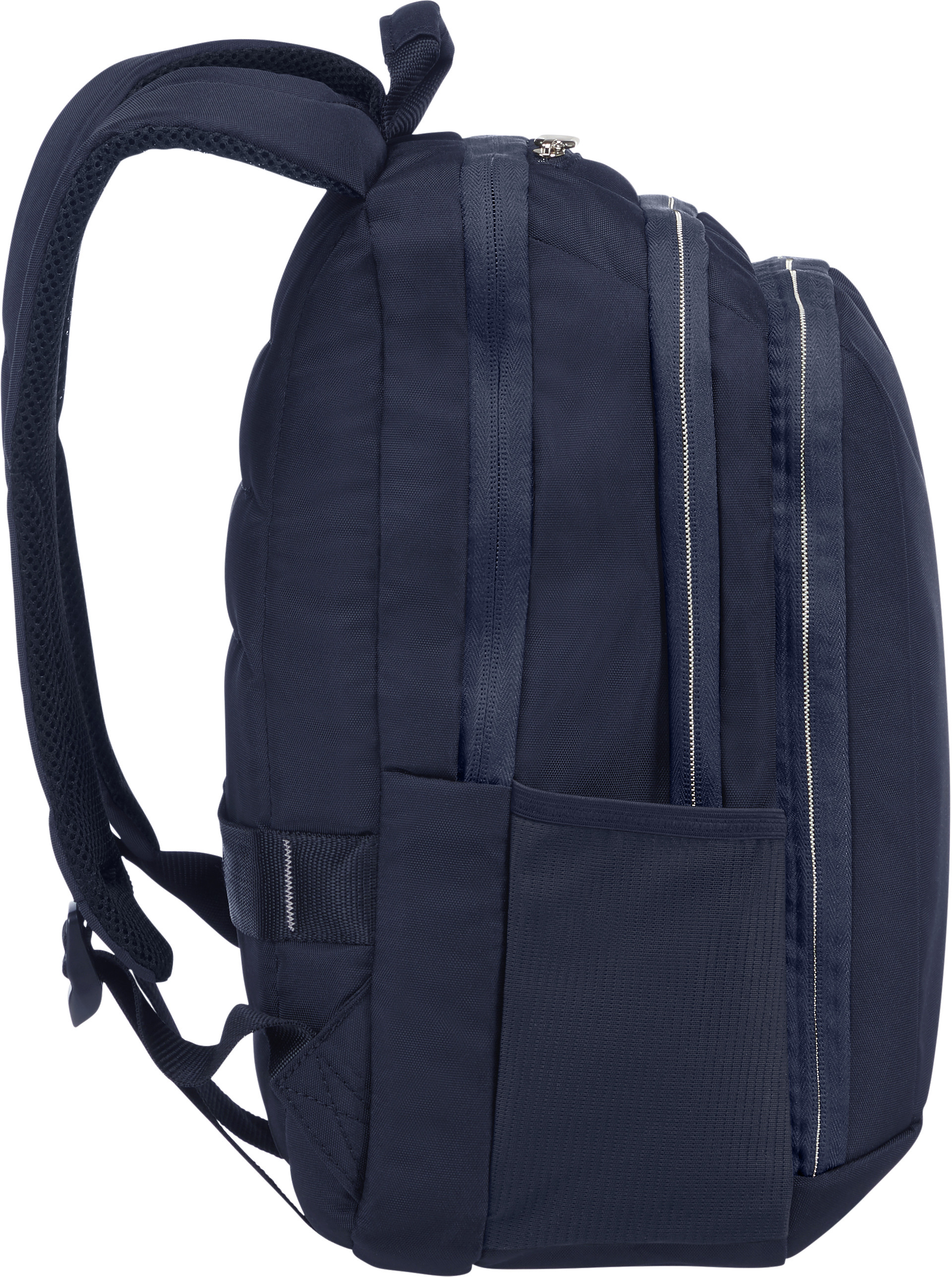 Ein marineblauer Rucksack, Seitenansicht, mit Seitentasche, Trägern und Gesamtdesign.
