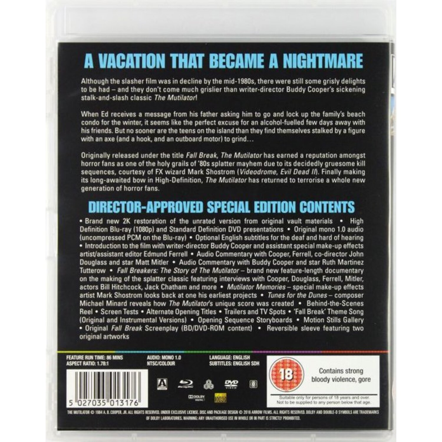Back cover of a DVD. Text includes details about the movie, plus content and features.
