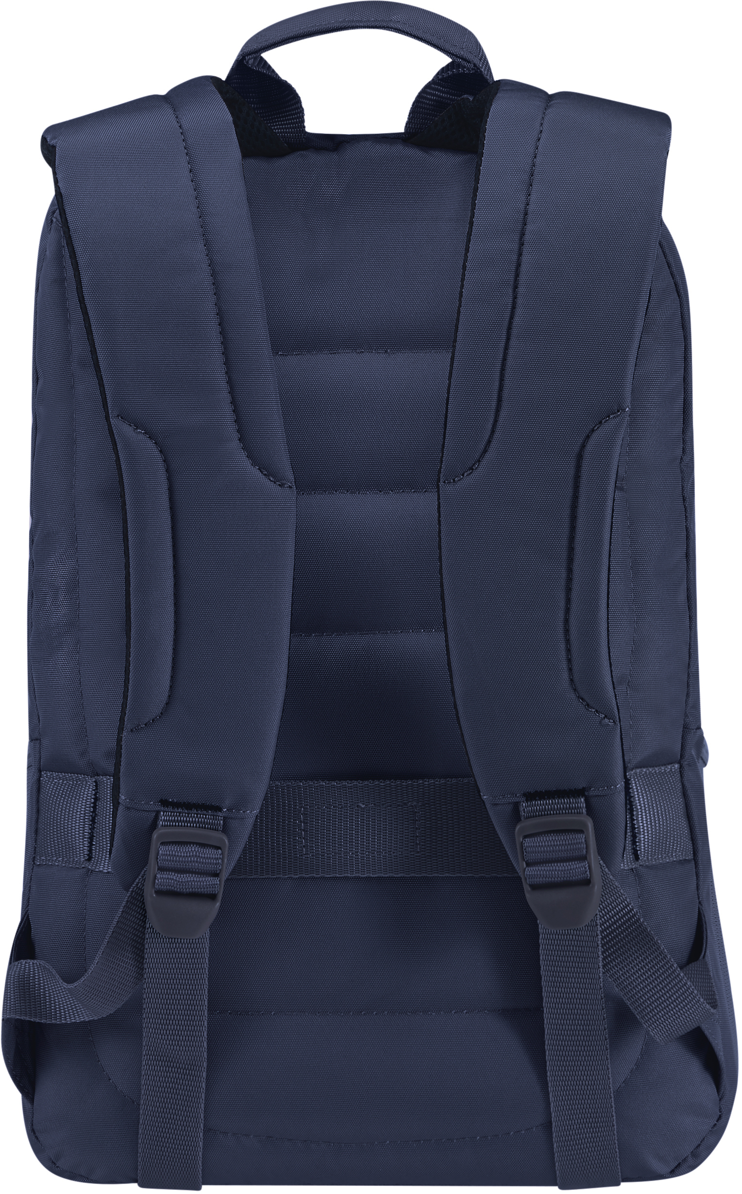 Marineblauer Rucksack, Rückansicht. Mit gepolsterten Trägern, Rückenteil und verstellbaren Riemen.