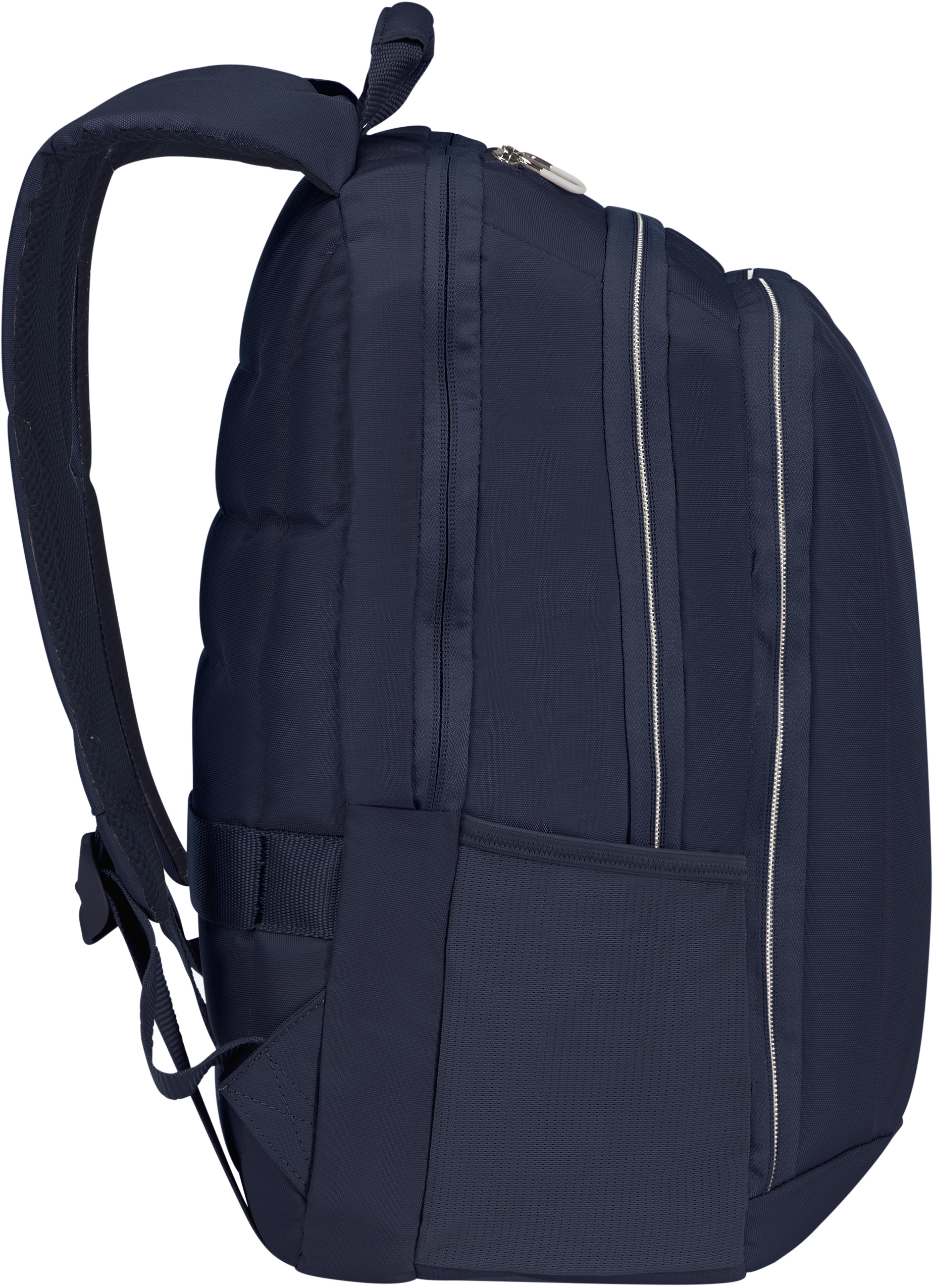 Marineblauer Rucksack, Seitenansicht. Zeigt Träger, Reißverschlüsse und Taschen.