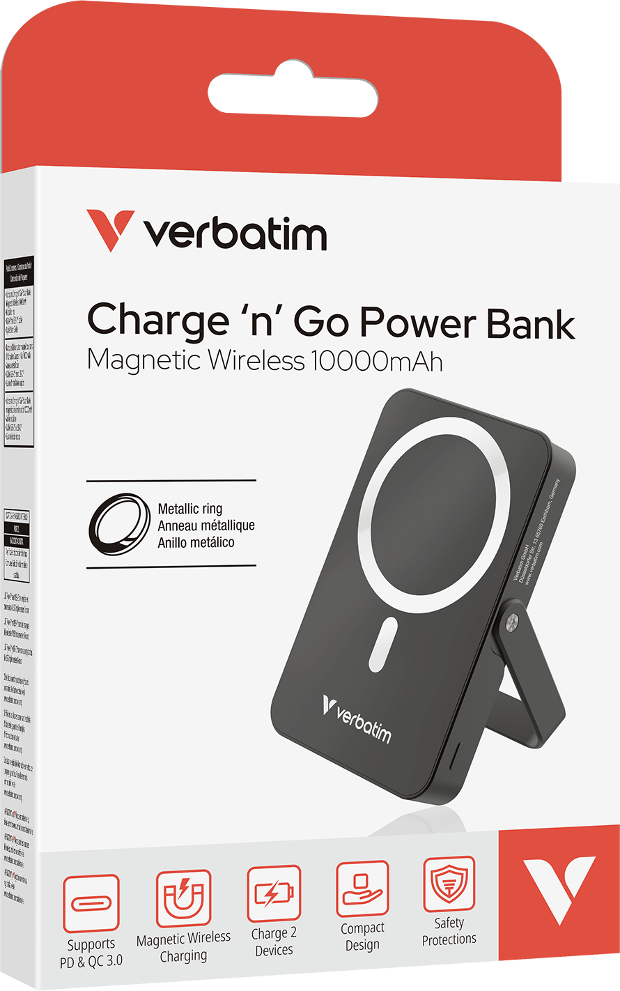 Fekete Verbatim power bank fehér dobozzal, funkcióit és designját mutatja.