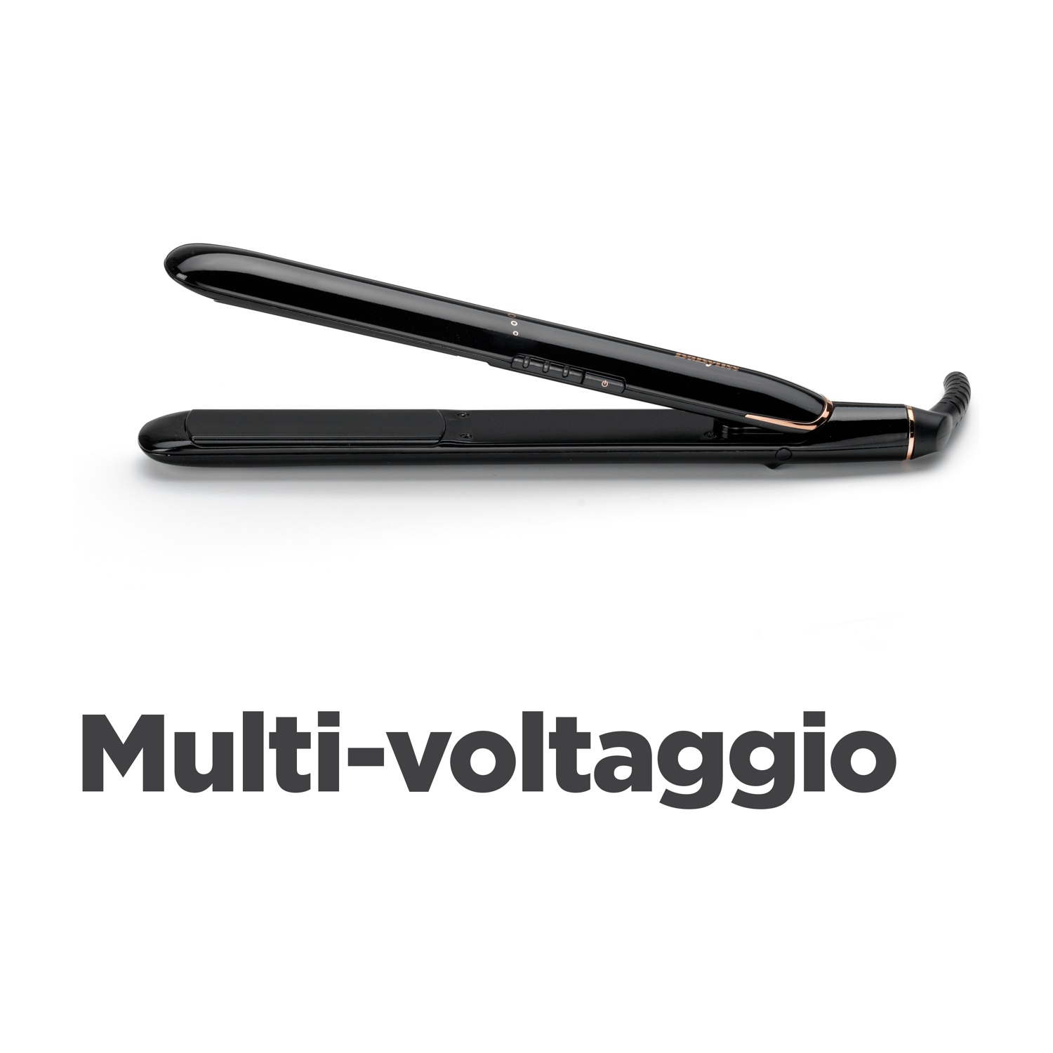 Piastra per capelli nera su sfondo bianco, con la scritta 'Multi-voltaggio'.