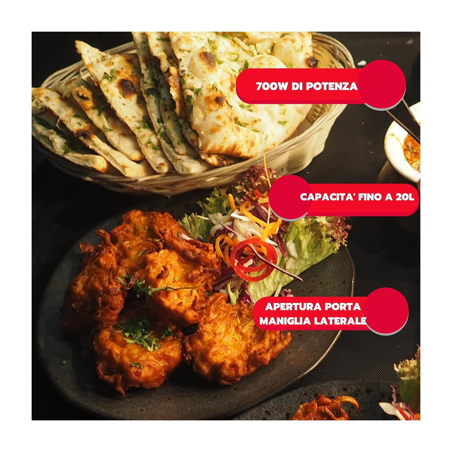 Scena con cibo indiano. Pane naan e cibo fritto in un cesto e un piatto.